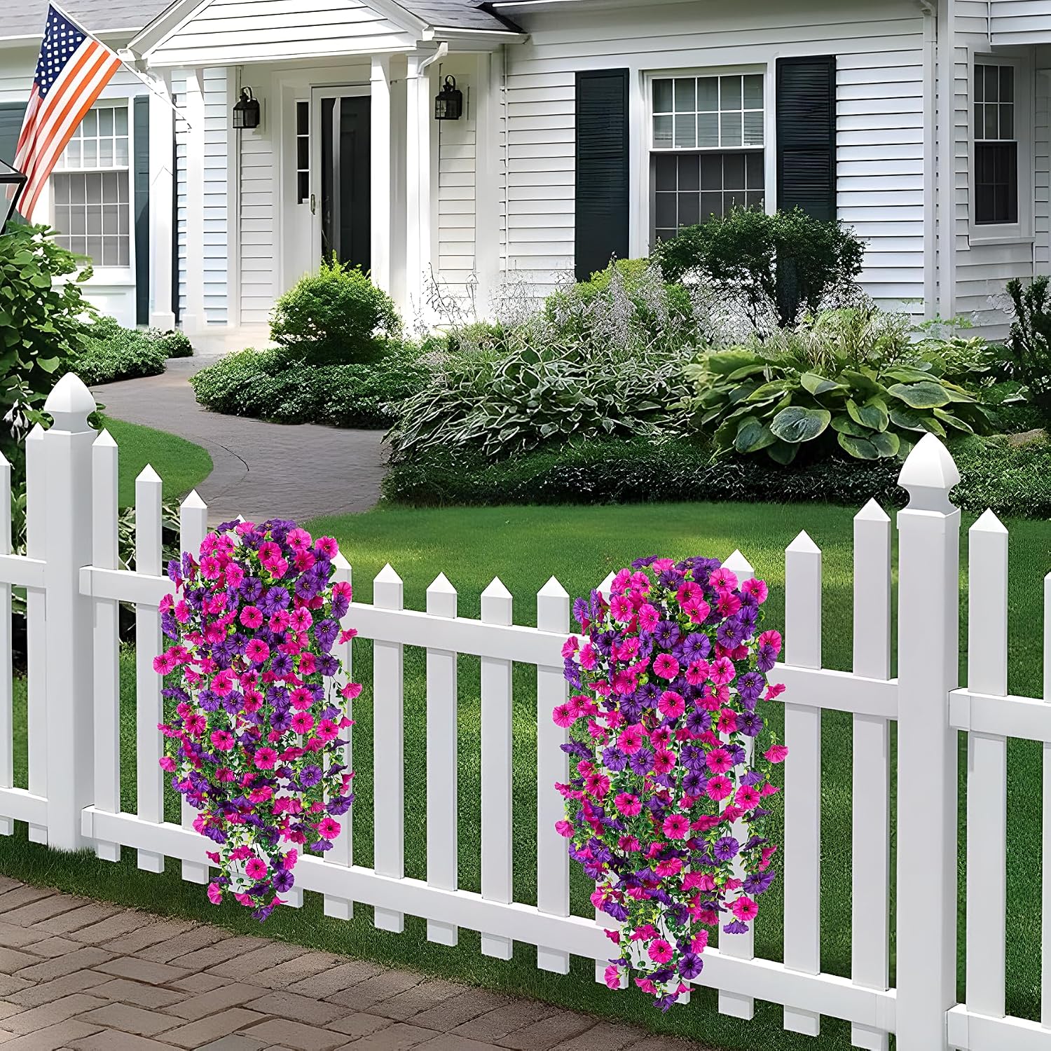 Artificial Hanging Petunias Flowers for Outdoor, 2pcs Fake Plants Long Vine Morning Glory Eucalyptus, UV Resistant Realistic Faux Greenery Indoor Outside Patio Porch Garden Spring Summer Decor, Purple - Image 3