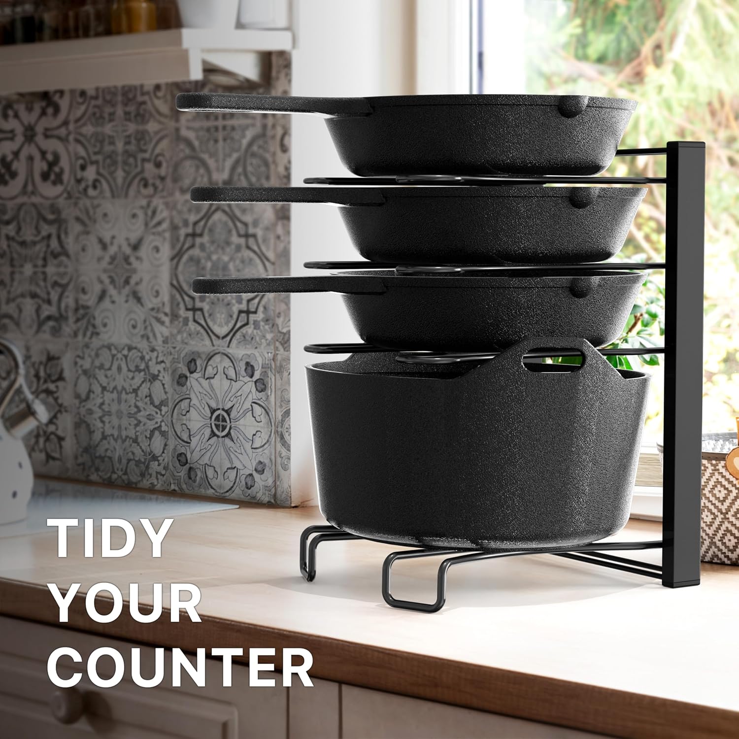 SIMPLE HOUSEWARE 5 Compartments Height Adjustable Pan Organizer, Black - Image 6
