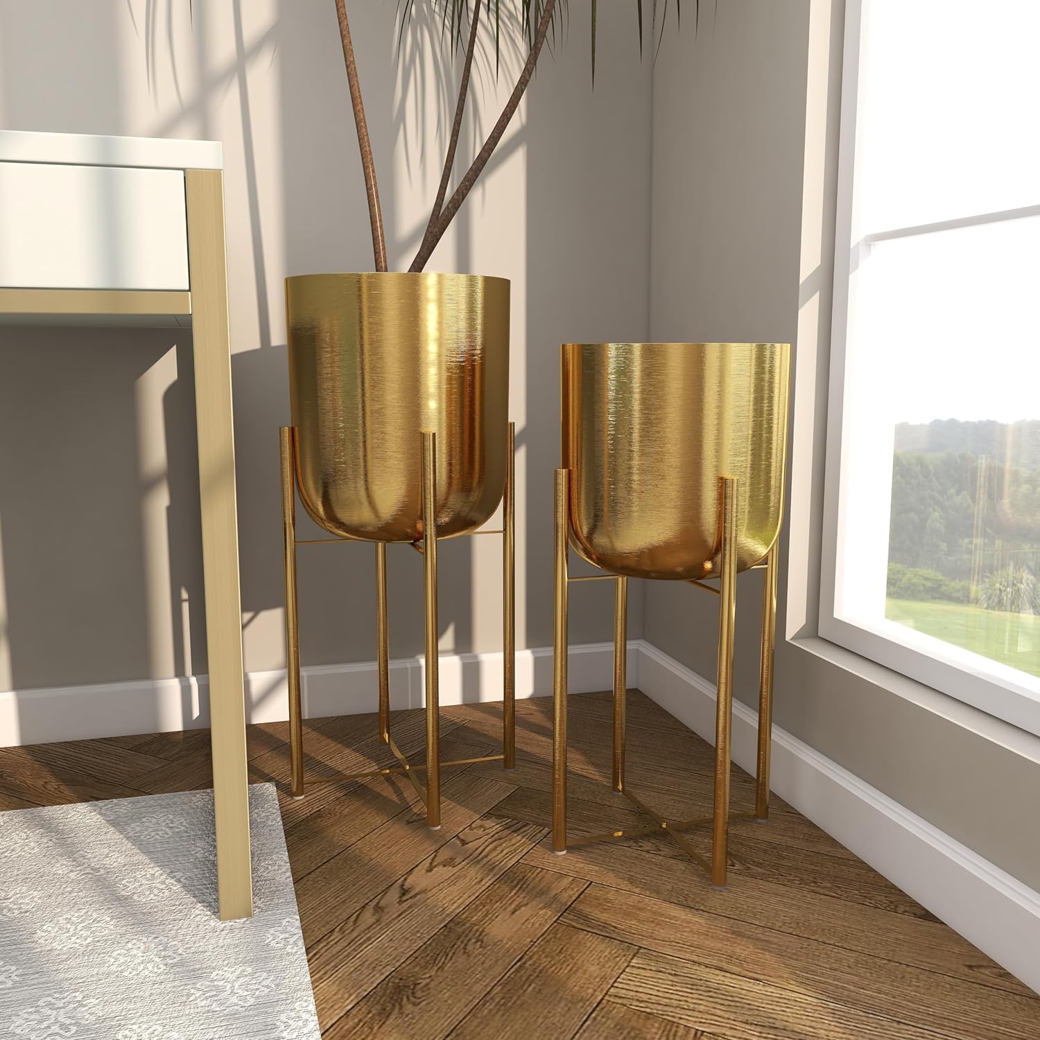 CosmoLiving by Cosmopolitan Metal Indoor Outdoor Planter Dome Large Planter Pot with Removable Stand, Set of 2 Planters 19", 22"H, Gold | Large planter pots with removable plant stand indoor outdoor use, not watertight - Image 7