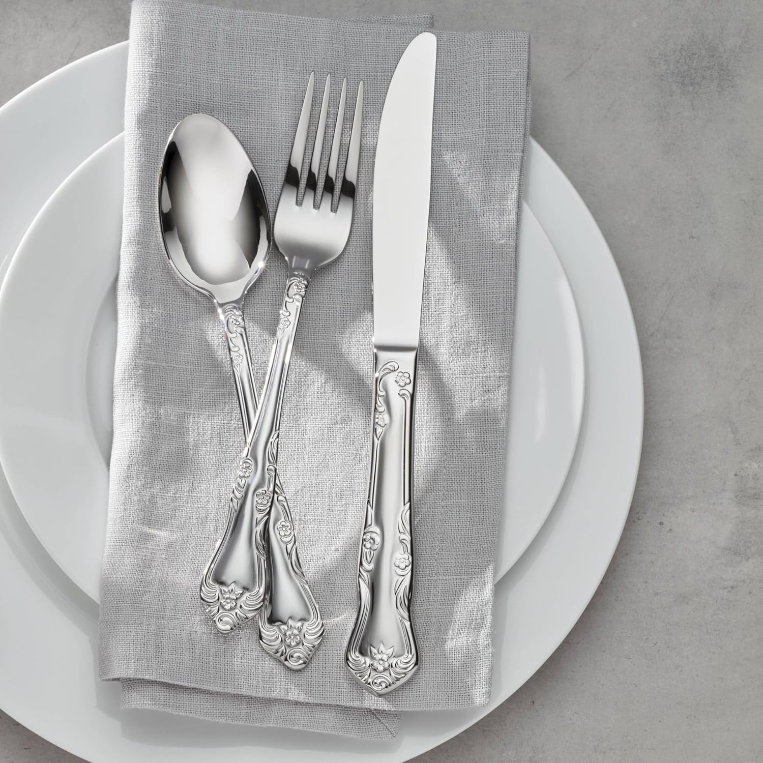 Oneida Silverware Set For 8, Azalea 45-Piece Everyday Flatware Set with Serving Utensils, Floral, Service For 8, 18/0 Stainless Steel, Dishwasher Safe, Knives Spoons And Forks Sets (Silver, 45 Pieces) - Image 5