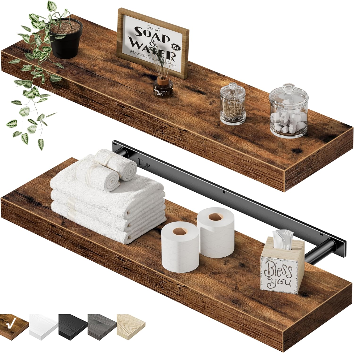 QEEIG Floating Shelves for Wall 23.6" Long - Wall Mounted Shelf Bathroom Kitchen Living Room Bedroom Farmhouse Home Decor Display Bookshelf Set of 2, Rustic Brown (008-60BN)