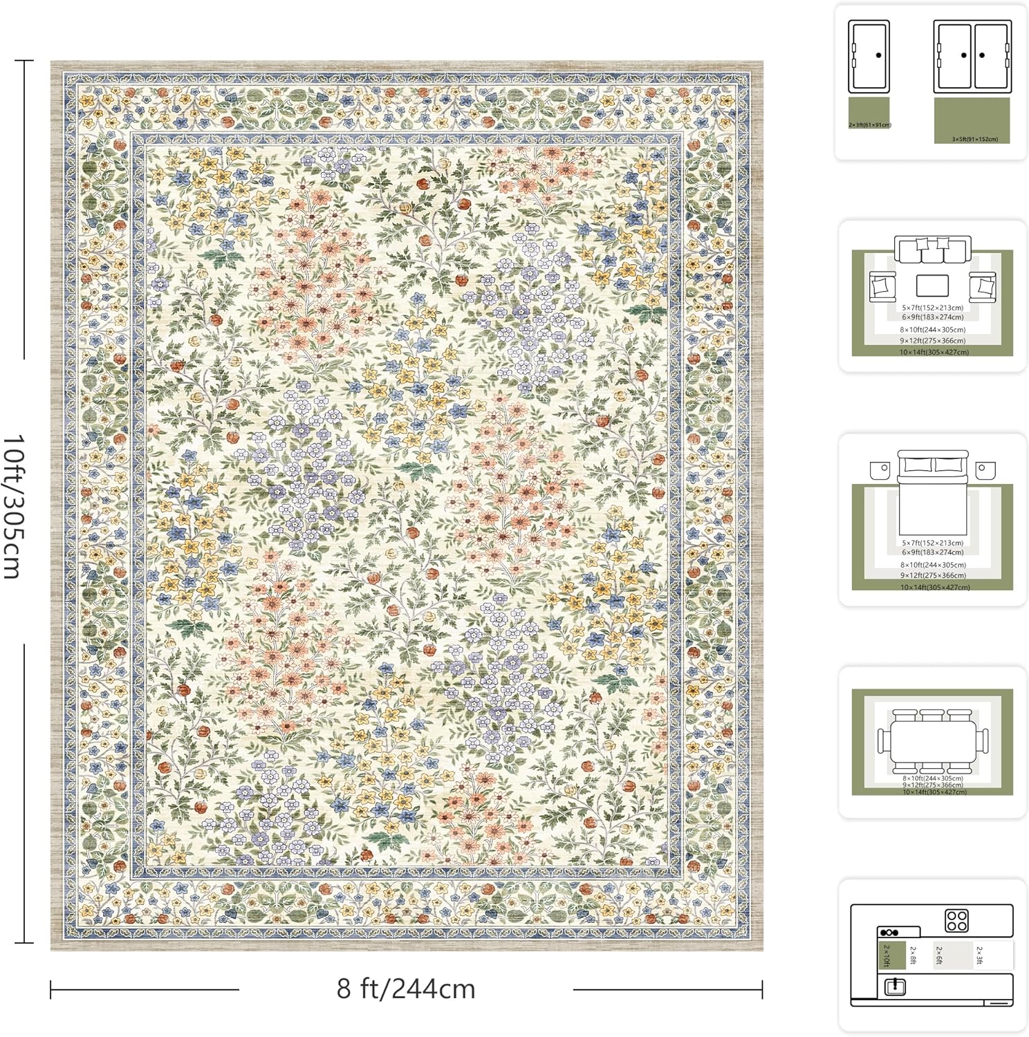 8x10 Area Rugs, Machine Washable Low Pile Floral Rugs for Living Room, Bedroom, Large Boho Area Rug with Non-Slip Backing for Dining Room(Beige Floral) - Image 2