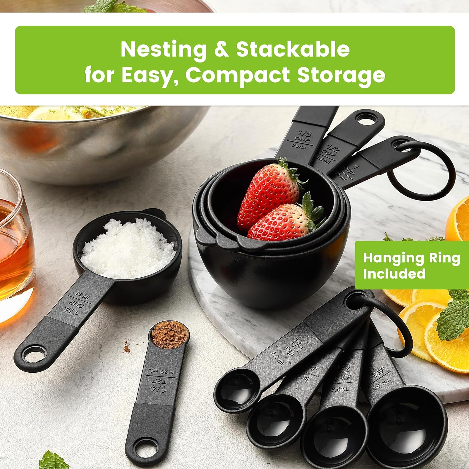 Spring Chef Magnetic Measuring Cups and Spoons Set of 9, Nesting Kitchen Tool with Easy to Read Markings for Measuring Dry or Liquid Ingredient, BPA Free, Black - Image 5