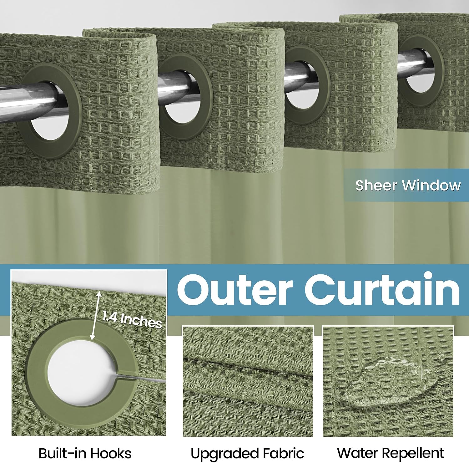 EUTXL Heavyweight Sage Green Hotel Shower Curtain - 256GSM Waffle Textured Heavy Duty Thick Fabric Shower Curtains for Bathroom,71W x 74H - Image 4
