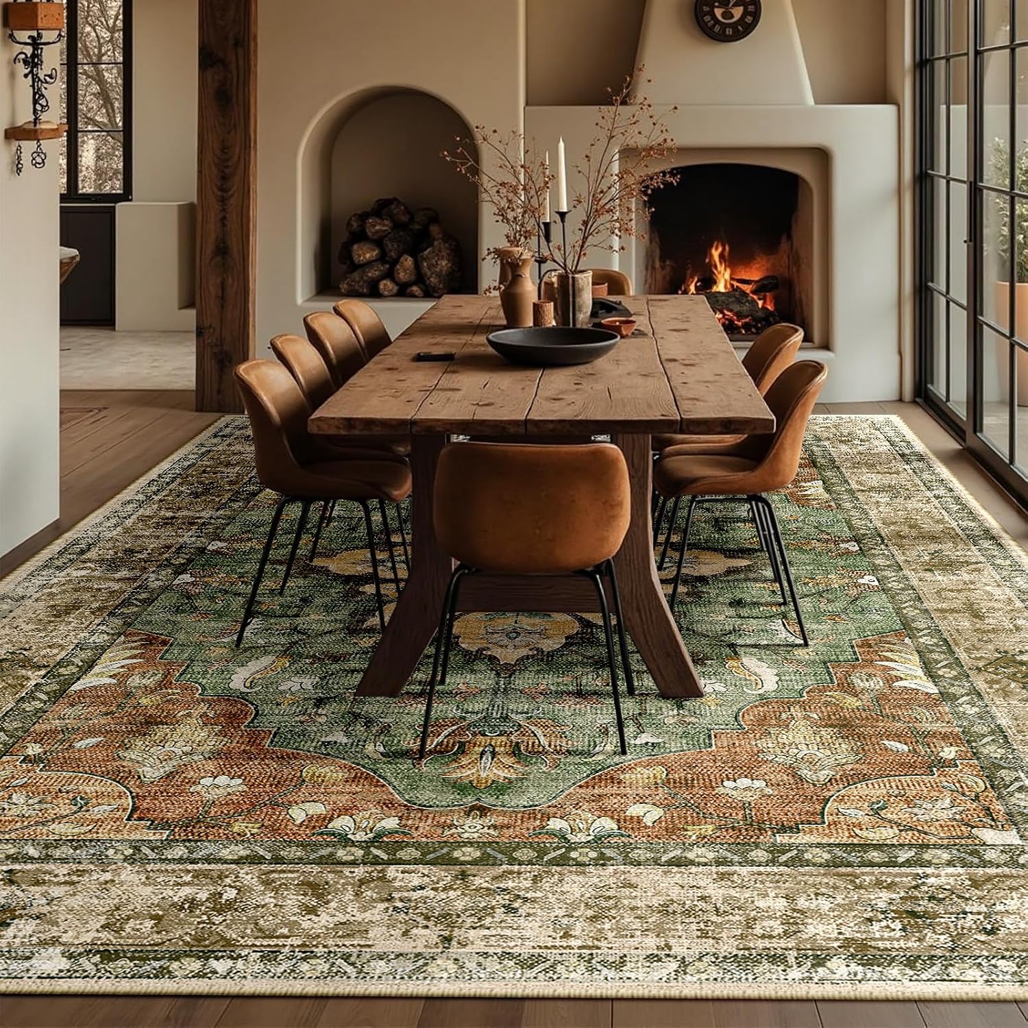 RELEANY Area Rugs Large 10'x12' Washable Non-Slip, Floral Vintage Distress Medallion Carpet for Living Room Bedroom Dining Room, Terracotta Burnt Orange Green - Image 4