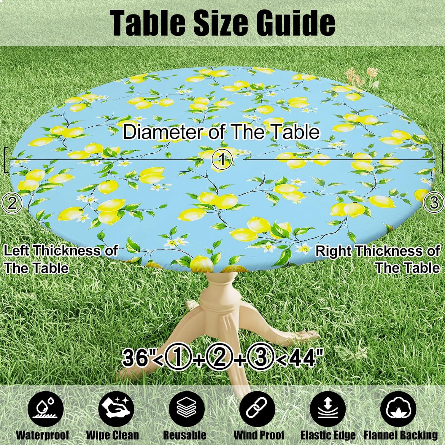 Smiry Round Picnic Tablecloth, Waterproof Elastic Fitted Table Covers for 45" - 56" Tables, Wipeable Flannel Backed Vinyl Tablecloths for Camping, Indoor, Outdoor, Blue & Yellow - Image 8