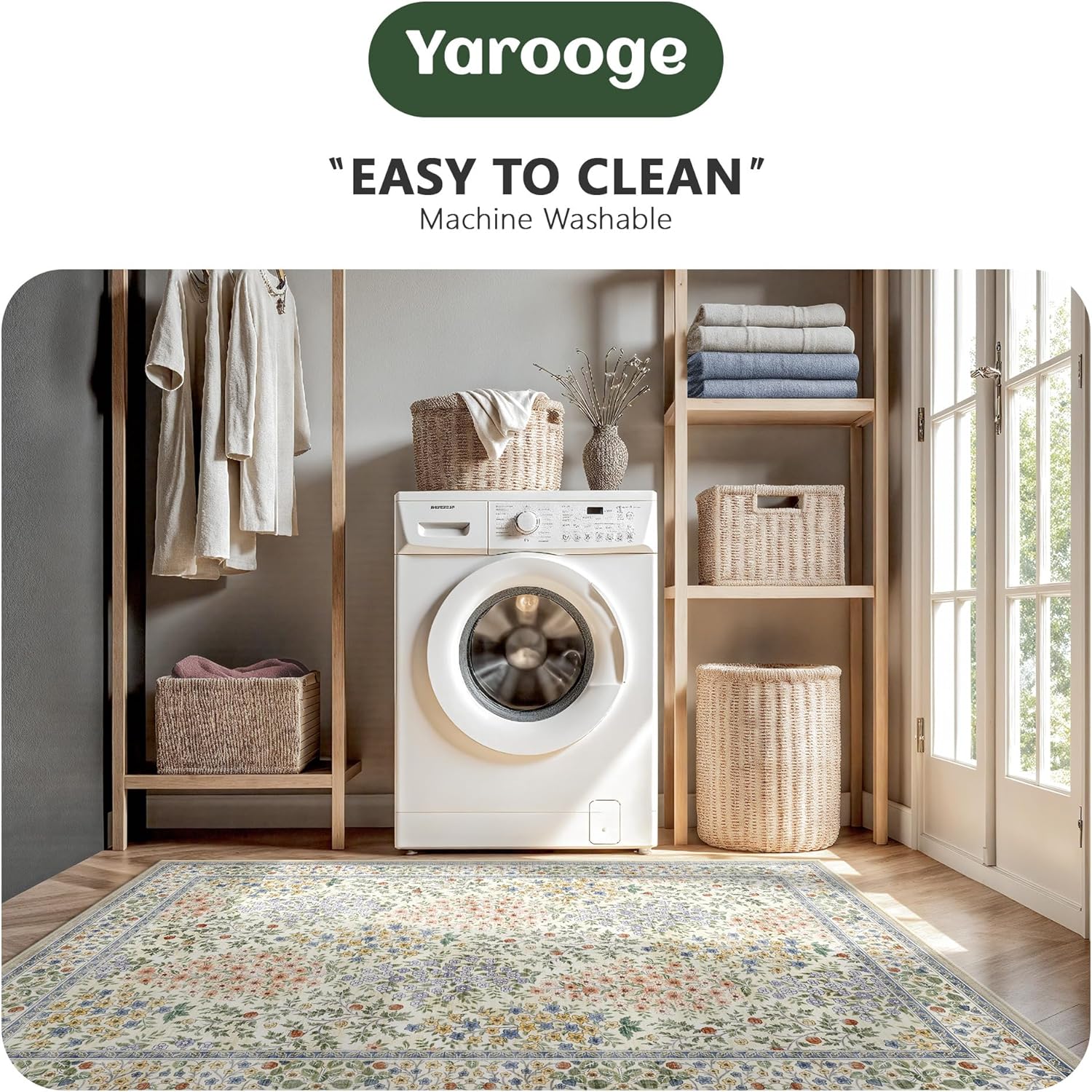 8x10 Area Rugs, Machine Washable Low Pile Floral Rugs for Living Room, Bedroom, Large Boho Area Rug with Non-Slip Backing for Dining Room(Beige Floral) - Image 6