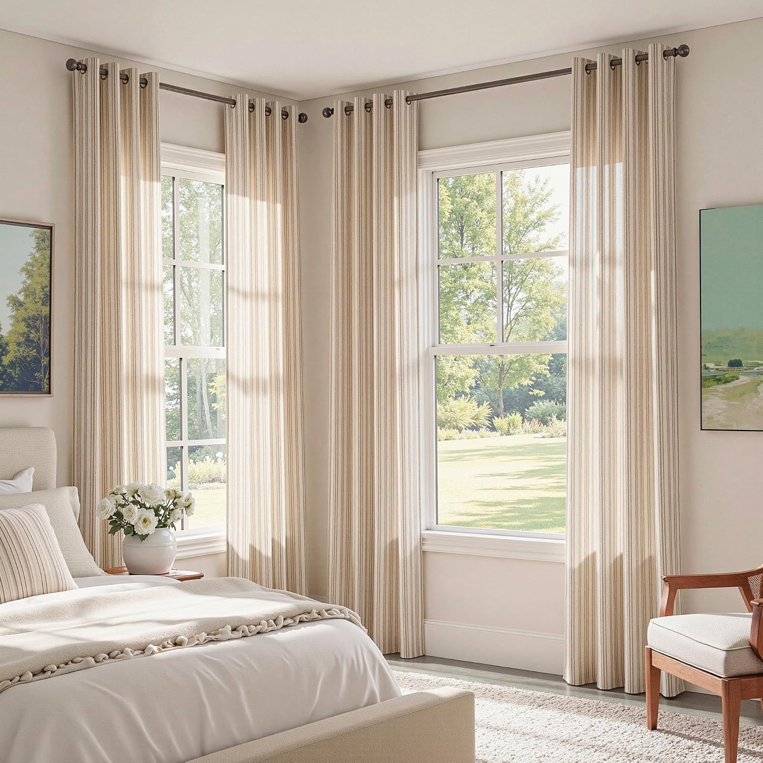 MYSKY HOME Taupe Striped Linen Curtains 84 Inches Long Light Filtering Neutral Curtains for Bedroom Living Room Farmhouse Rustic Cottage Core Tan Ticking Patterned, Grommet, 2 Panels, 52" Wide - Image 7