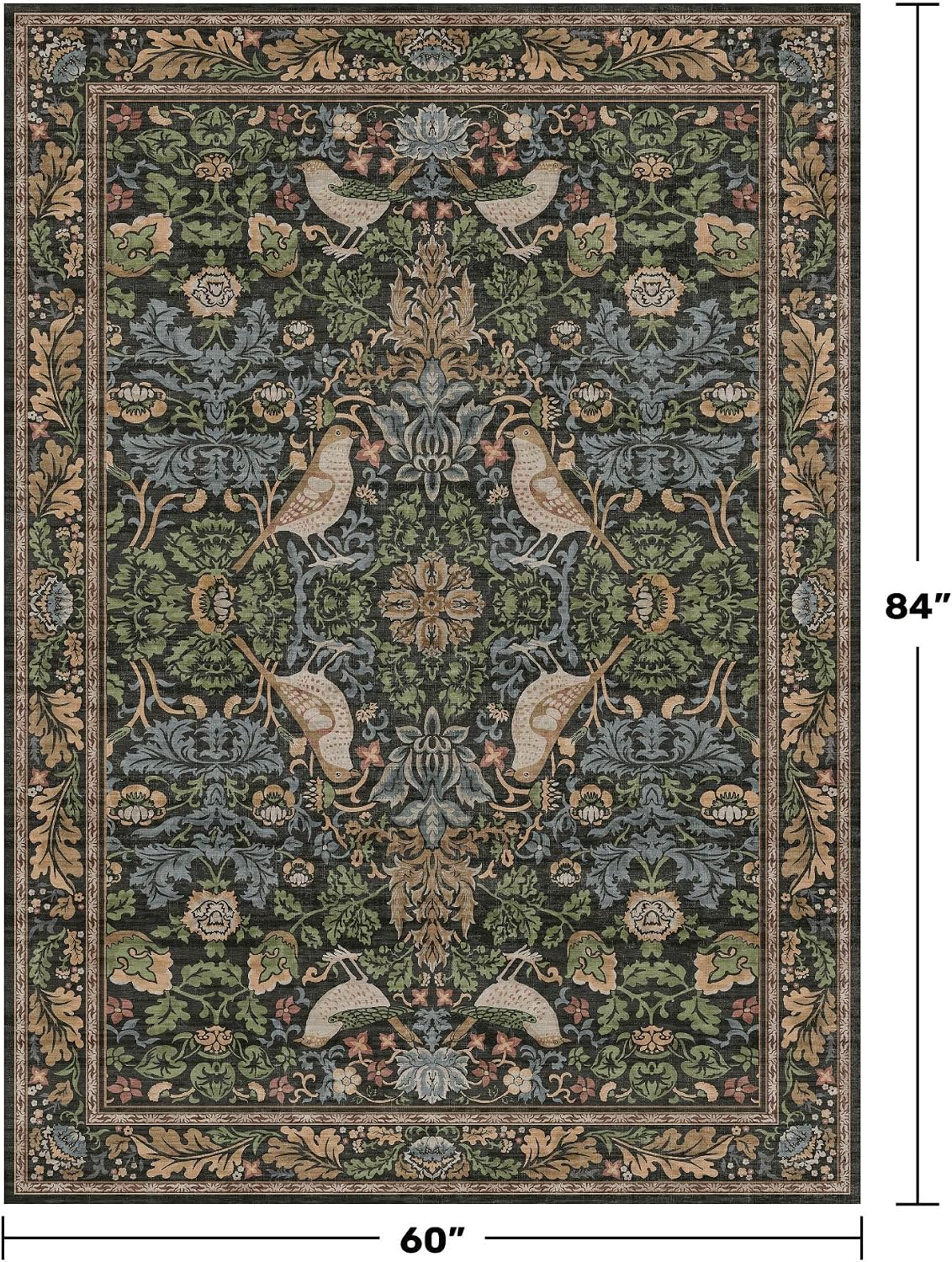 Hazo Haus Vintage Floral Area Rug 5x7 for Living Room - Dark Green Forest Bird Rugs for Bedroom, Dining Room, Office, Non Slip Stain Resistant Low Pile - Image 2