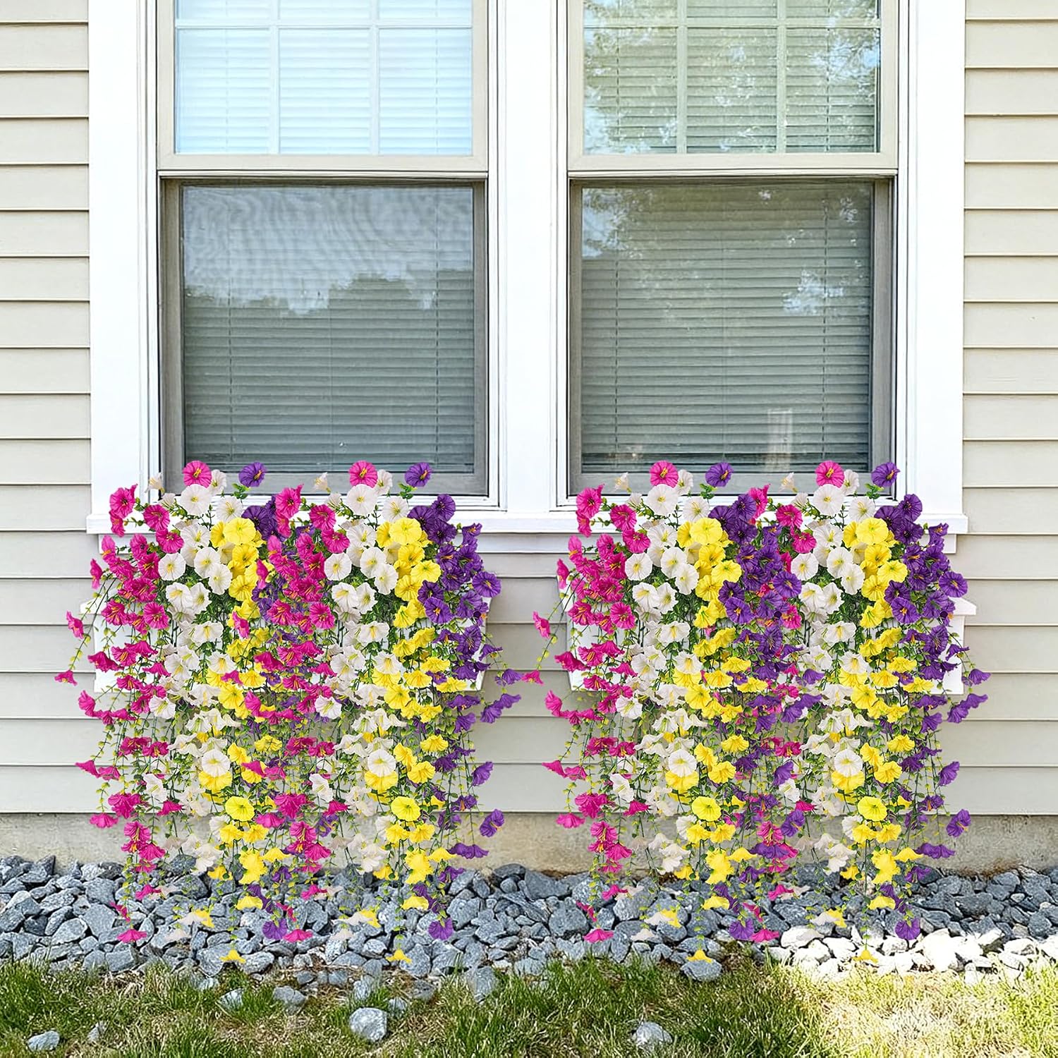 Artificial Hanging Petunias Flowers for Outdoor, 8pcs Fake Plants Long Vine Morning Glory Eucalyptus, UV Resistant Realistic Faux Greenery Outside Patio Porch Garden Spring Summer Decor, Mix Color - Image 7