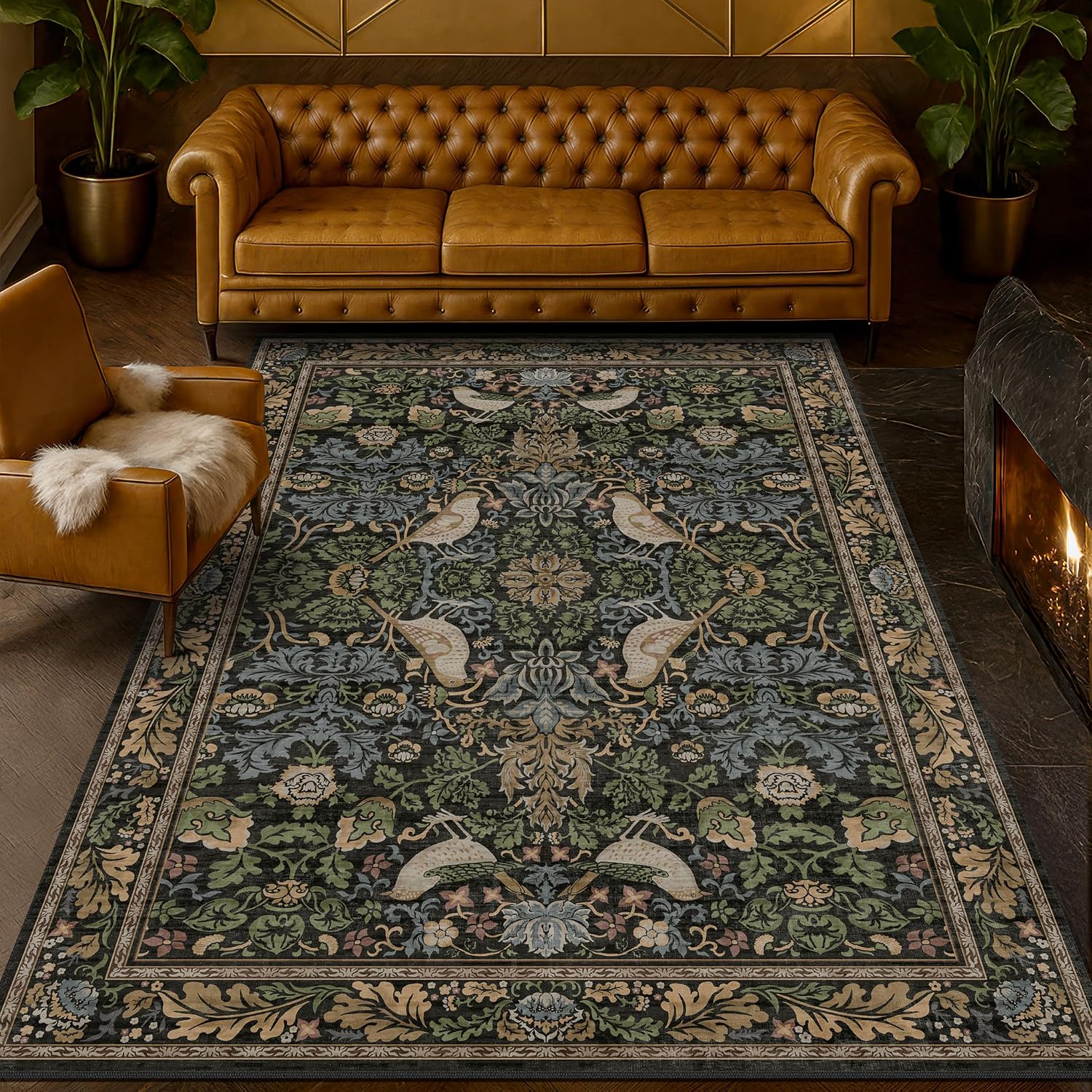 Hazo Haus Vintage Floral Area Rug 5x7 for Living Room - Dark Green Forest Bird Rugs for Bedroom, Dining Room, Office, Non Slip Stain Resistant Low Pile - Image 7