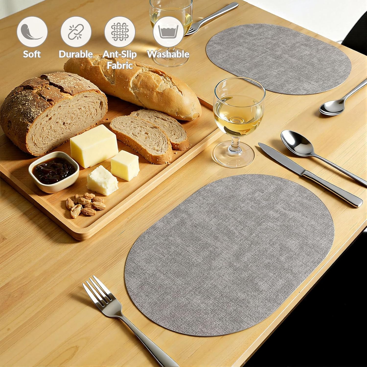homing Placemats Set of 6, Heat Resistant Oval Faux Leather Place Mats 11.8 x 17 Inch, Waterproof Wipeable Reversible PU Placemat for Kitchen Dining Table, Indoor & Outdoor, Light Grey - Image 6