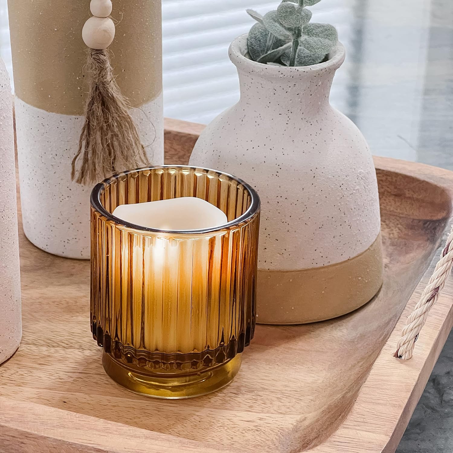 Kate Aspen Vintage Glass Tealight & Amber Votive Candle Holders (Set of 6) Rustic Fluted Candle Holder Set, Boho Home Decor, Wedding Table Centerpieces, Farmhouse Kitchen Table Decor - Image 4