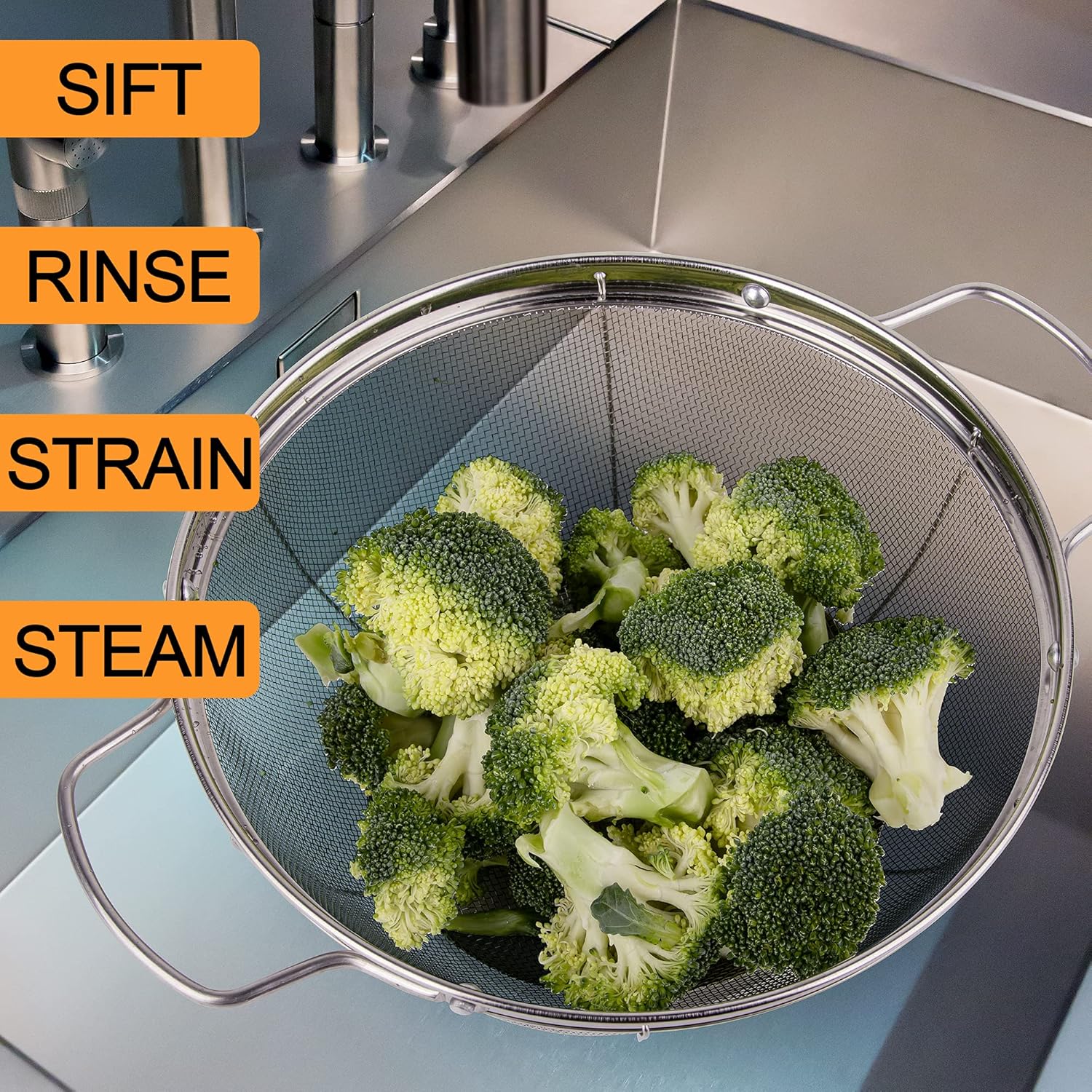 3 Pack 18/8 Stainless Steel Colander Sieves(5-Quart, 4-Quart and 3-Quart), Mesh Strainer Net Baskets with Handles & Resting Base for Strain, Drain, Rinse or Steam - Image 6