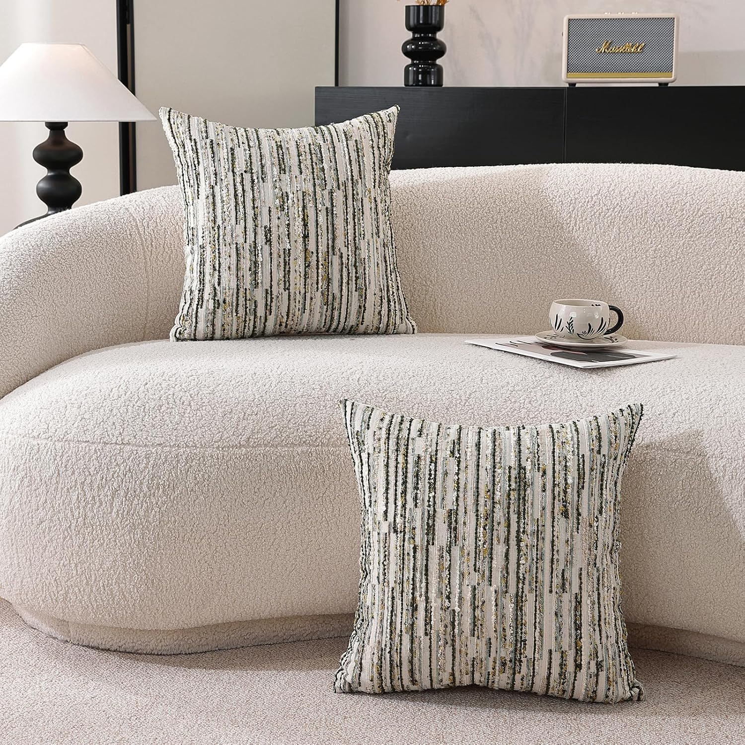Striped Throw Pillow Covers 18x18 Set of 2 Green Textured Boucle Chic Morden Boho Accent Farmhouse Decorative Chenille Pillow Covers for Home Decor Bed Sofa Living Room - Image 3