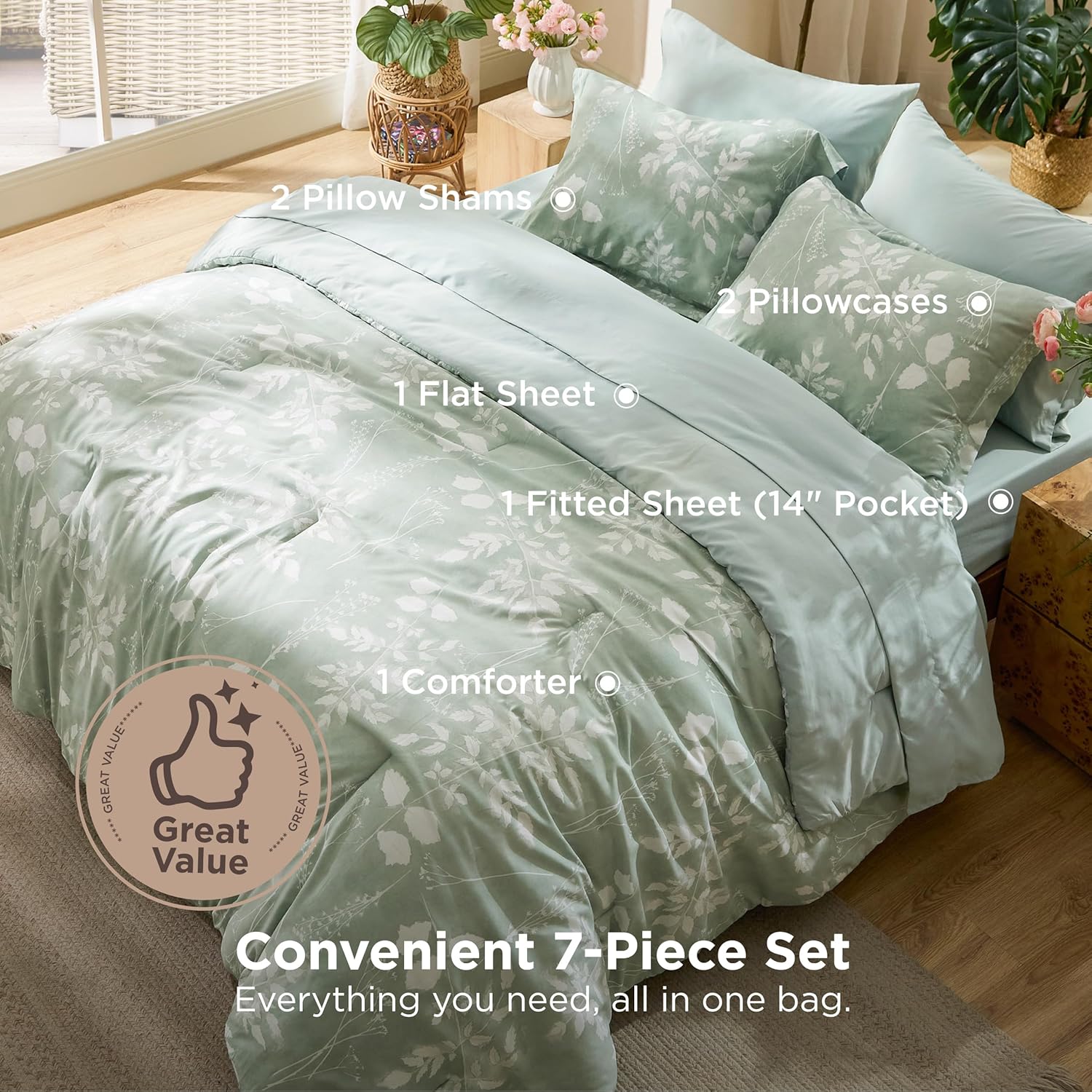 Bedsure Queen Comforter Set - 7 Pieces Floral Sage Green GentleSoft™ Bedding Sets, Queen Bed in a Bag with Botanical Flowers Winter Comforter, Sheets, Pillowcases & Shams - Image 3