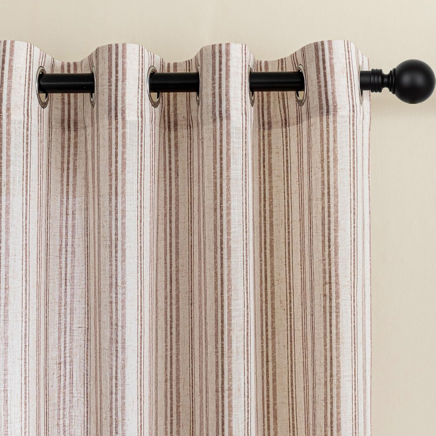 MYSKY HOME Taupe Striped Linen Curtains 84 Inches Long Light Filtering Neutral Curtains for Bedroom Living Room Farmhouse Rustic Cottage Core Tan Ticking Patterned, Grommet, 2 Panels, 52" Wide