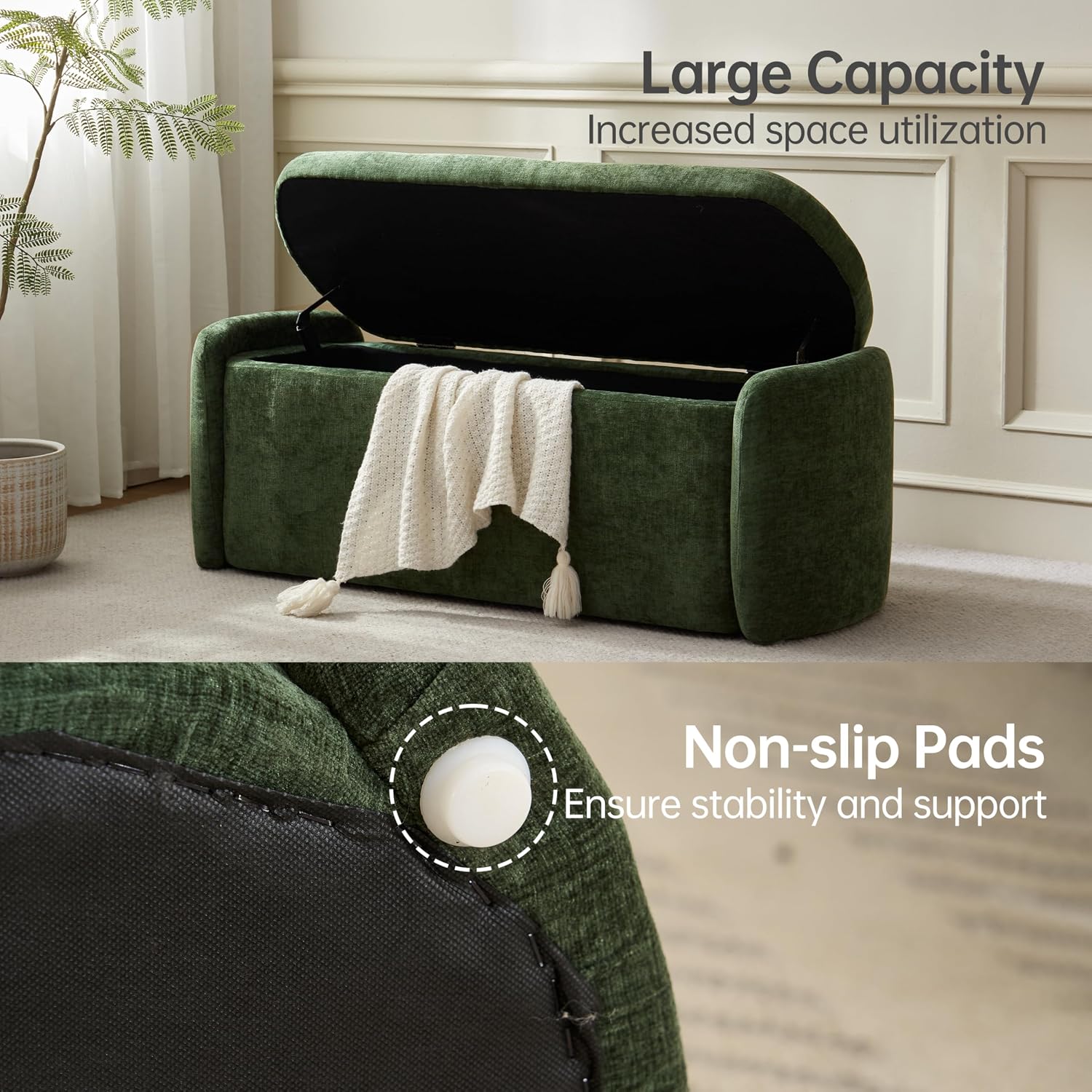VKNOW 46" Oval Storage Ottoman Bench, Upholstered End of Bed Bench Ottomans Bench Foot Rest, Sherpa Storage Bench for Bedroom, Living Room and Hallway, Green - Image 5