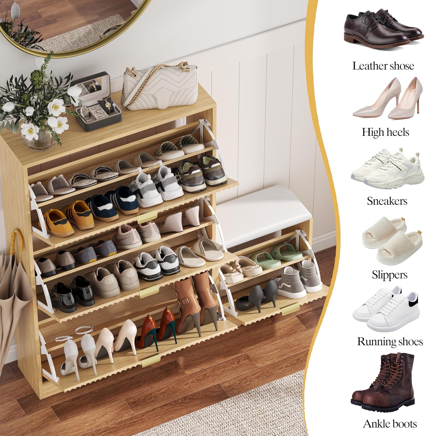 HUANLEGO Shoe Cabinet Storage for Entryway with 4 Flip Drawers, Oak Fluted Shoe Cabinet with Bench, Wooden Hidden Shoe Rack Freestanding Narrow Slim Shoes Storage Organizer for Hallway, Entrance - Image 4