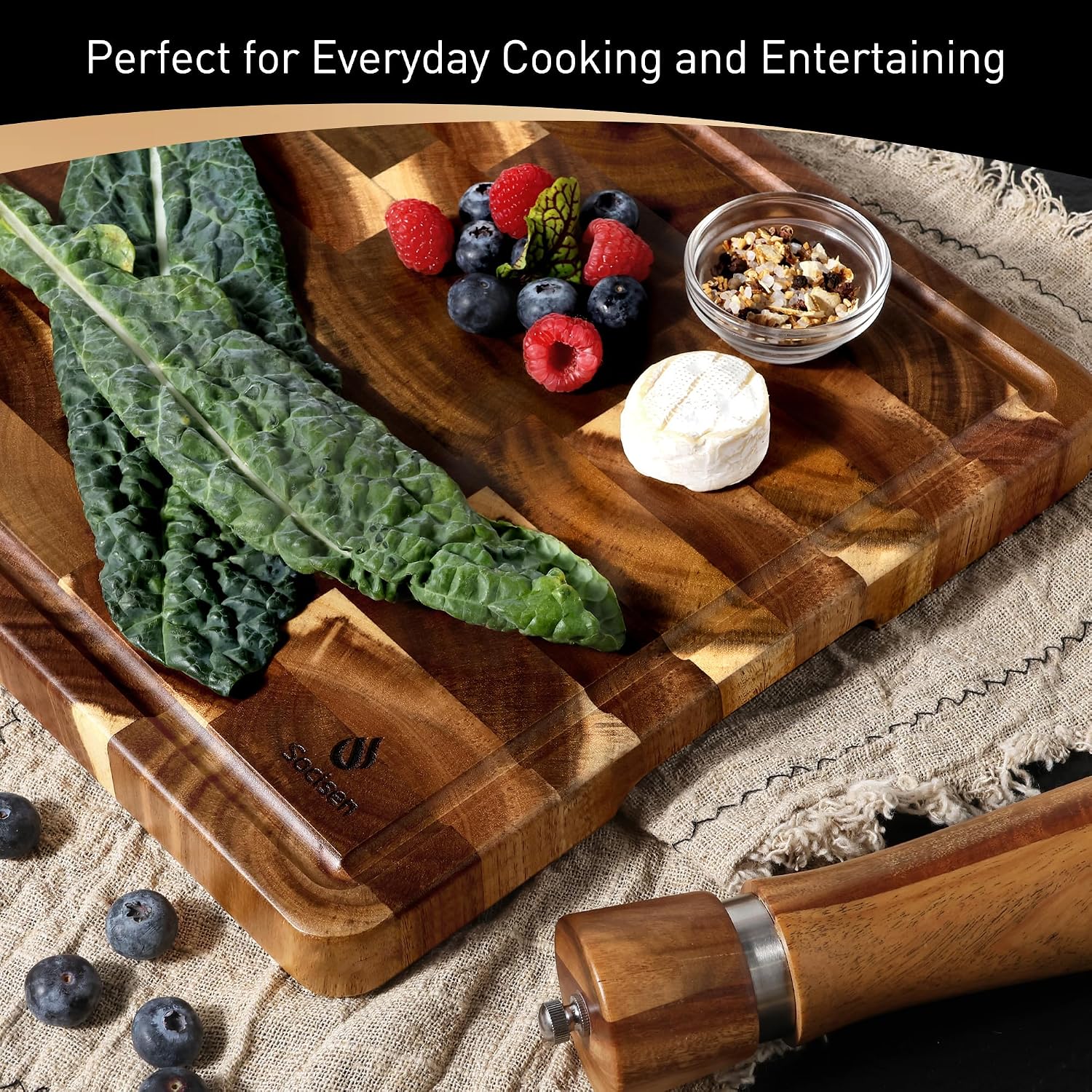 End Grain Cutting Board for Kitchen with Non-slip Feet, Acacia Wood Heavy Duty Checkered Cutting Board Upgraded Chopping Board with Juice Groove & Handle Large Wooden Butcher Block with Gift Box - Image 8
