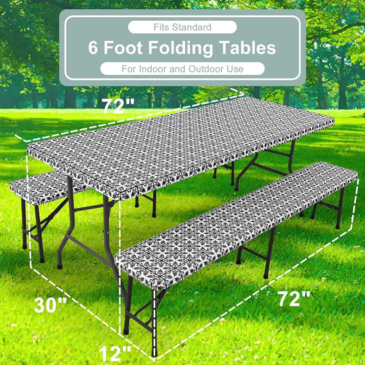 misaya Picnic Table Cover with Bench Cover, Waterproof Elastic Fitted Tablecloth for 6 Foot Tables, Rectangle Washable Polyester Tablecloths for Picnic, Camping, Outdoor (Black, 30" x 72") - Image 8