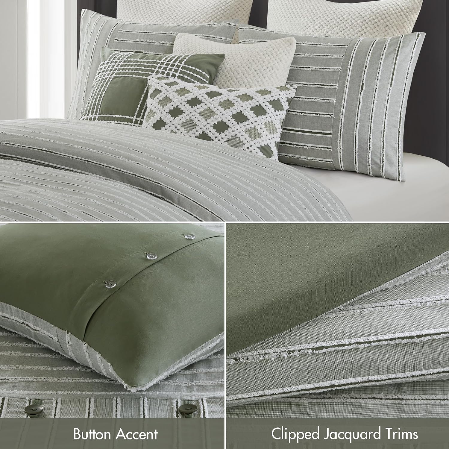 Madison Park Comforter Set Cotton Clipped Jacquard, Oversized Comforters, All Season Down Alternative Overfilled King Size Comforter, Essence, Green 9 Piece - Image 4