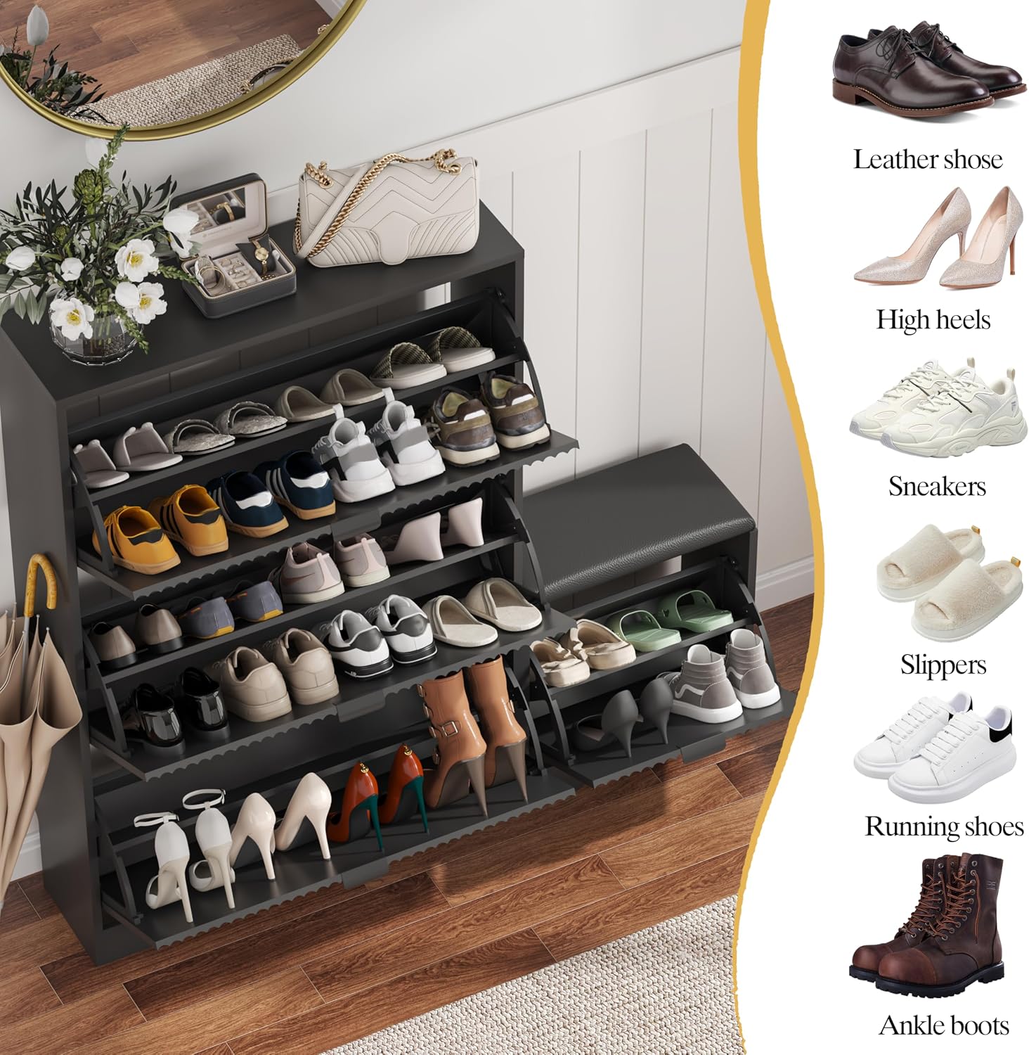 HUANLEGO Shoe Cabinet Storage for Entryway with 4 Flip Drawers, Black Fluted Shoe Cabinet with Bench, Wooden Hidden Shoe Rack Freestanding Narrow Slim Shoes Storage Organizer for Hallway, Entrance - Image 4