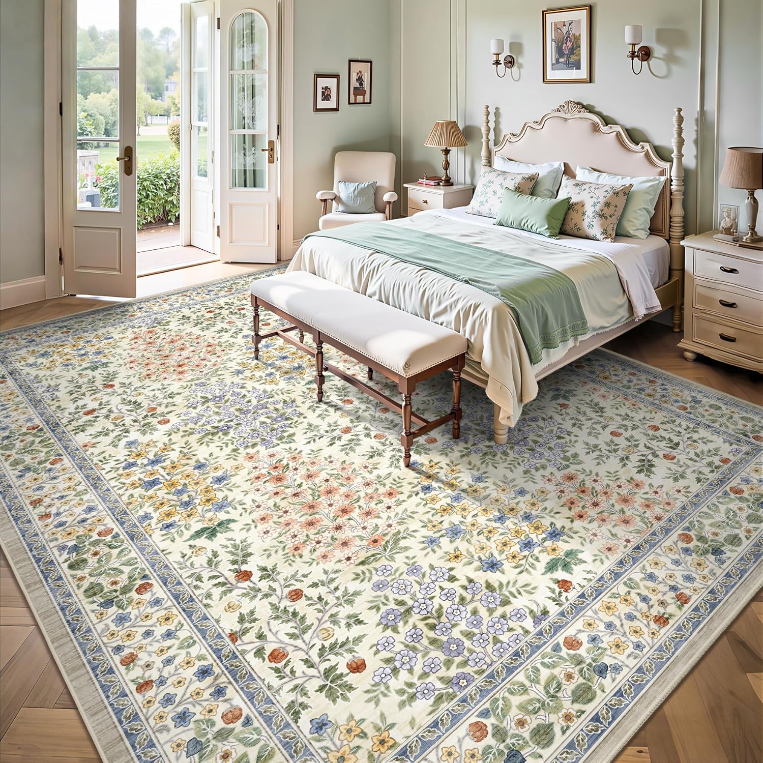 8x10 Area Rugs, Machine Washable Low Pile Floral Rugs for Living Room, Bedroom, Large Boho Area Rug with Non-Slip Backing for Dining Room(Beige Floral) - Image 3