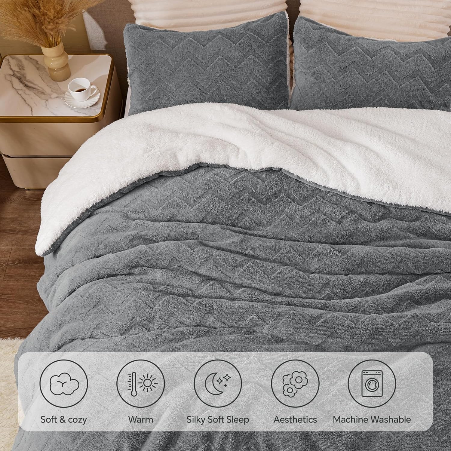 BEDELITE Fluffy Queen Comforter Set - Super Soft Sherpa Grey Comforter for Queen Size Bed, Luxury Warm Bedding Set for Winter, Fuzzy Bed Set 3 Pieces (1 Comforter, 2 Pillowcases) - Image 6