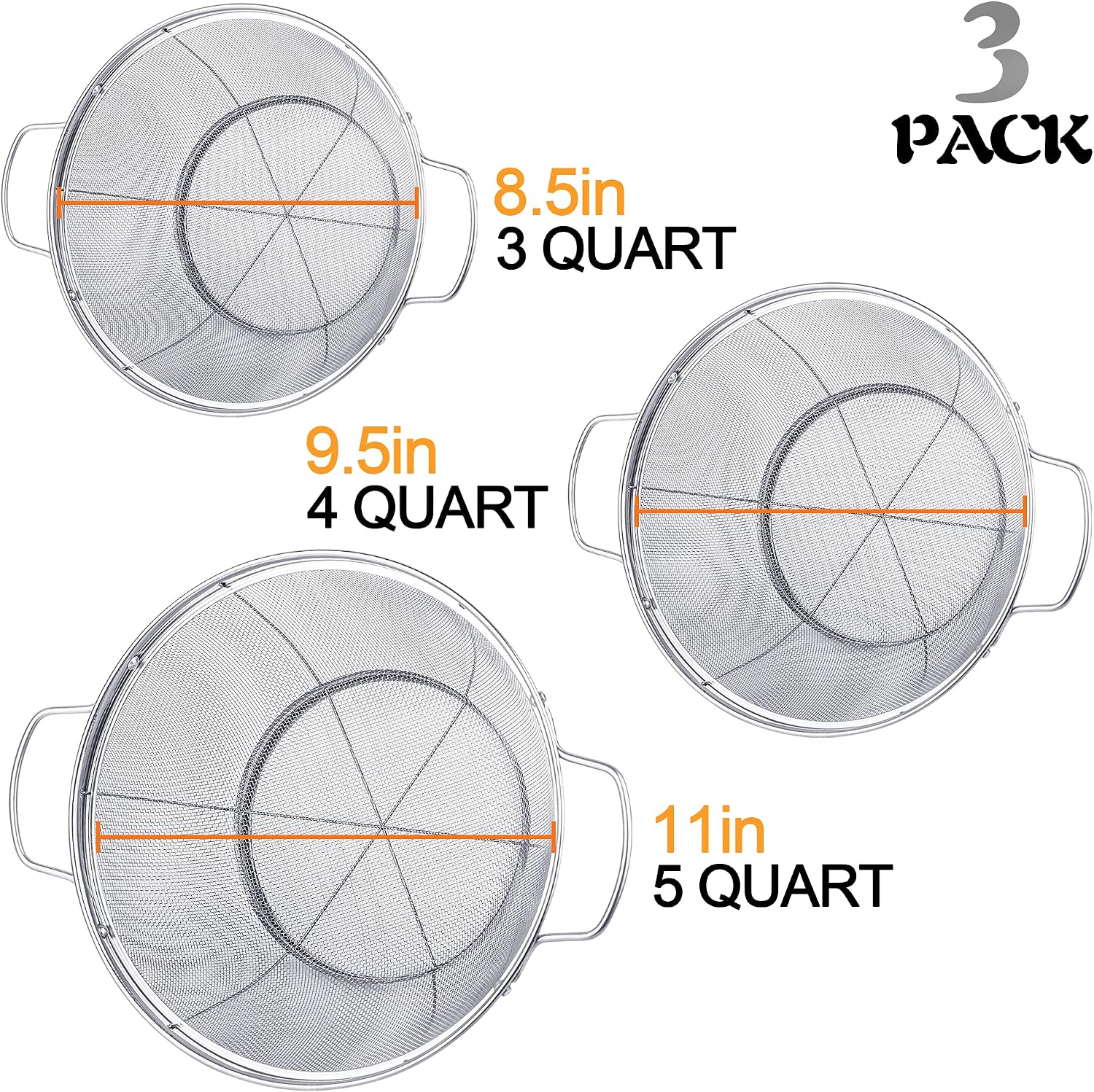 3 Pack 18/8 Stainless Steel Colander Sieves(5-Quart, 4-Quart and 3-Quart), Mesh Strainer Net Baskets with Handles & Resting Base for Strain, Drain, Rinse or Steam - Image 4