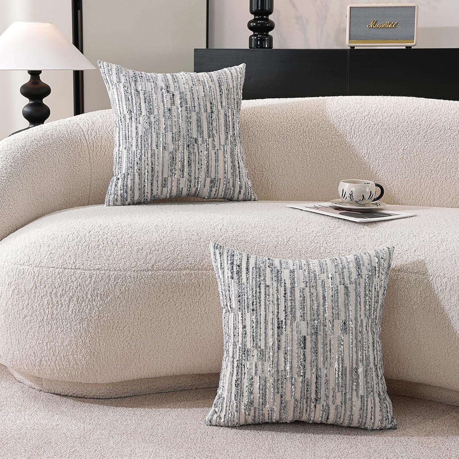 Striped Throw Pillow Covers 18x18 Set of 2 Gray Textured Boucle Chic Morden Boho Accent Farmhouse Decorative Chenille Pillow Covers for Home Decor Bed Sofa Living Room - Image 3