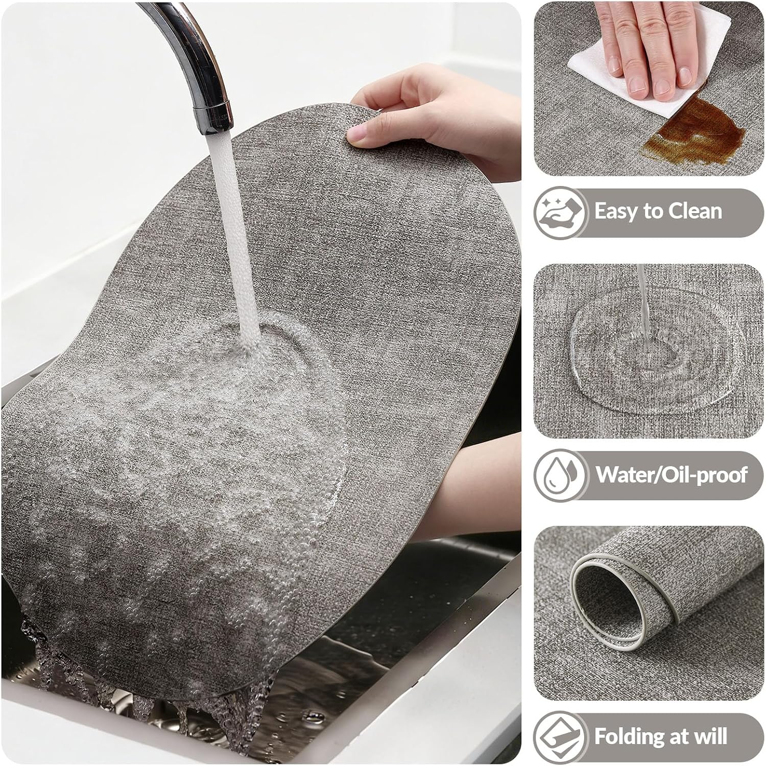 homing Placemats Set of 6, Heat Resistant Oval Faux Leather Place Mats 11.8 x 17 Inch, Waterproof Wipeable Reversible PU Placemat for Kitchen Dining Table, Indoor & Outdoor, Light Grey - Image 5