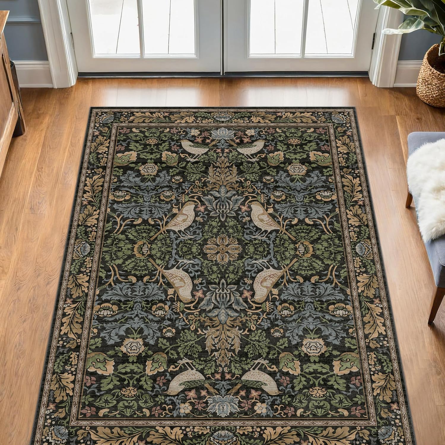 Hazo Haus Vintage Floral Area Rug 5x7 for Living Room - Dark Green Forest Bird Rugs for Bedroom, Dining Room, Office, Non Slip Stain Resistant Low Pile - Image 8