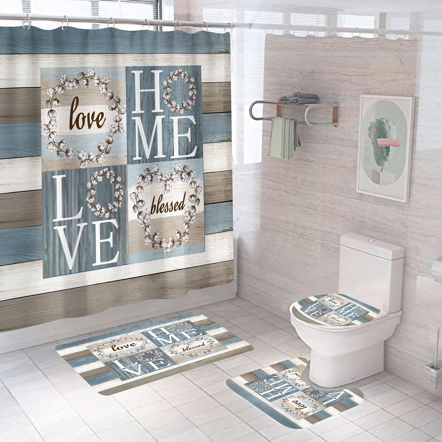4PCS Rustic Floral Flower Sweet Love Home Fabric Shower Curtain Set, with Non-Slip Rugs, Toilet Lid Cover and Bath Mat Farmhouse Country Vintage Wood Plank Cotton Bathroom Decor Waterproof 72x72