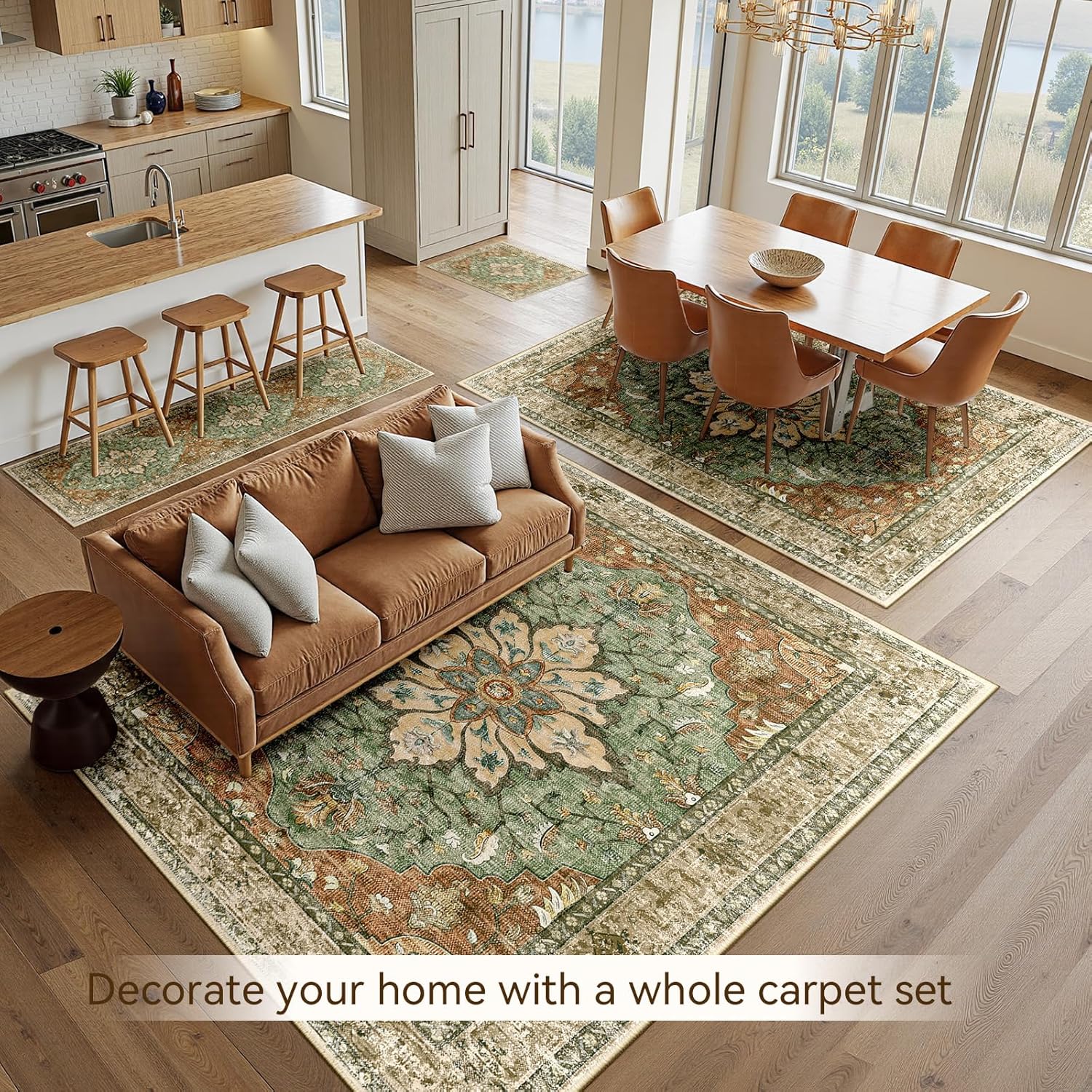 RELEANY Area Rugs Large 10'x12' Washable Non-Slip, Floral Vintage Distress Medallion Carpet for Living Room Bedroom Dining Room, Terracotta Burnt Orange Green - Image 5