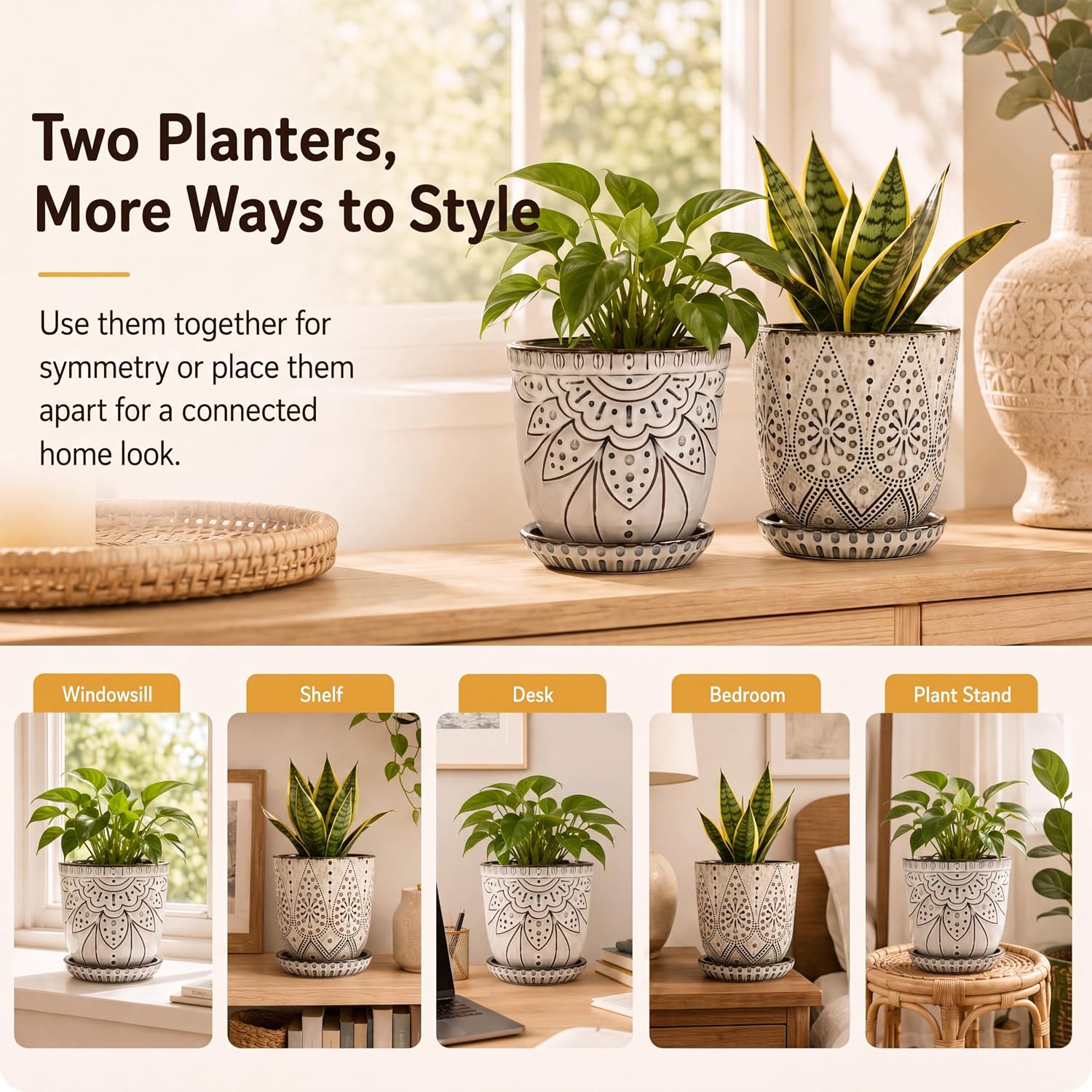 Gepege 6 Inch Beaded Ceramic Planter Set of 2 with Drainage Hole and Saucer for Plants, Indoor-Outdoor Large Round Succulent Orchid Flower Pot (Smoked Gray, Inner-pots not Larger Than 5 Inch) - Image 5