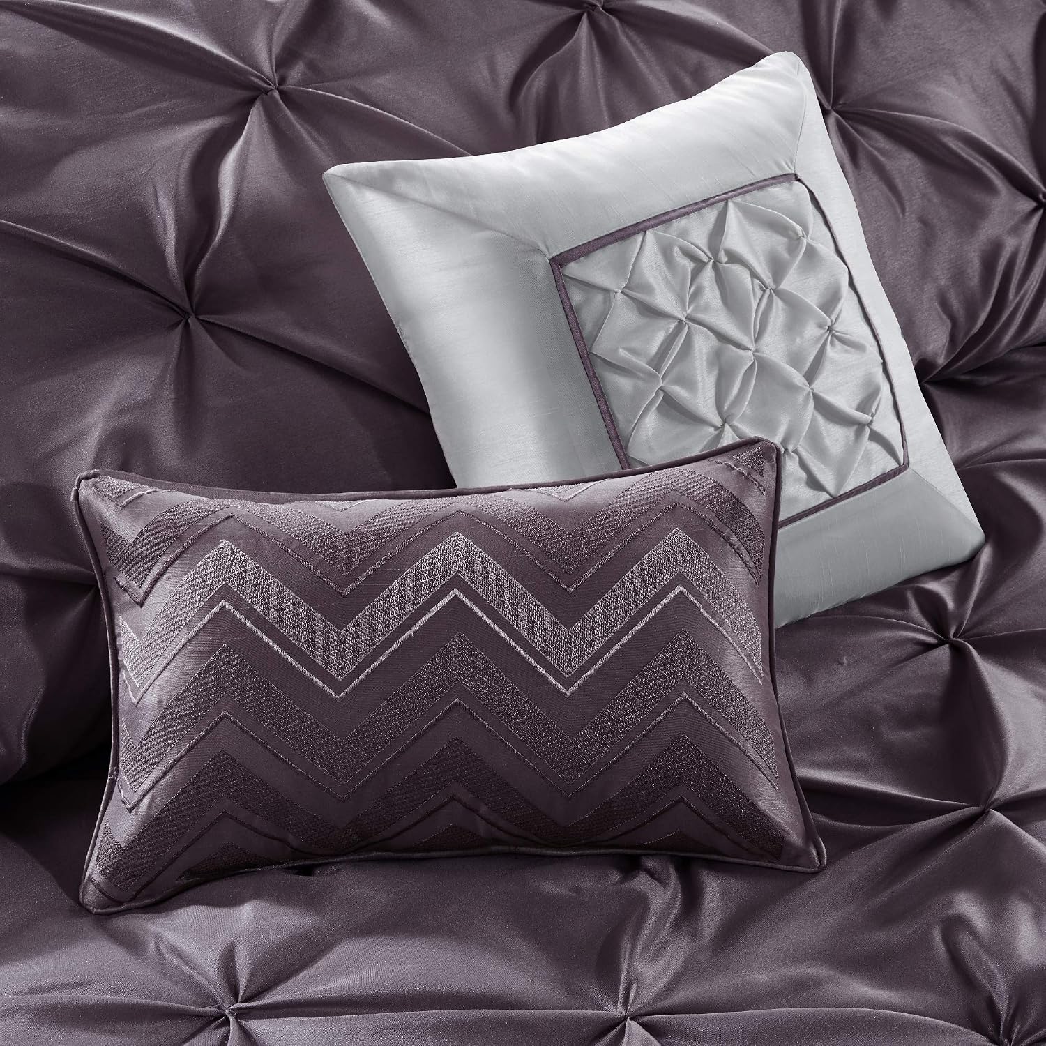 Madison Park Essentials Queen Comforter Set, 24 Piece Bedding With Matching Curtains, Decorative Pillows, Luxe Diamond Tufting , Room in a Bag Joella Collection, Plum Queen - Image 5