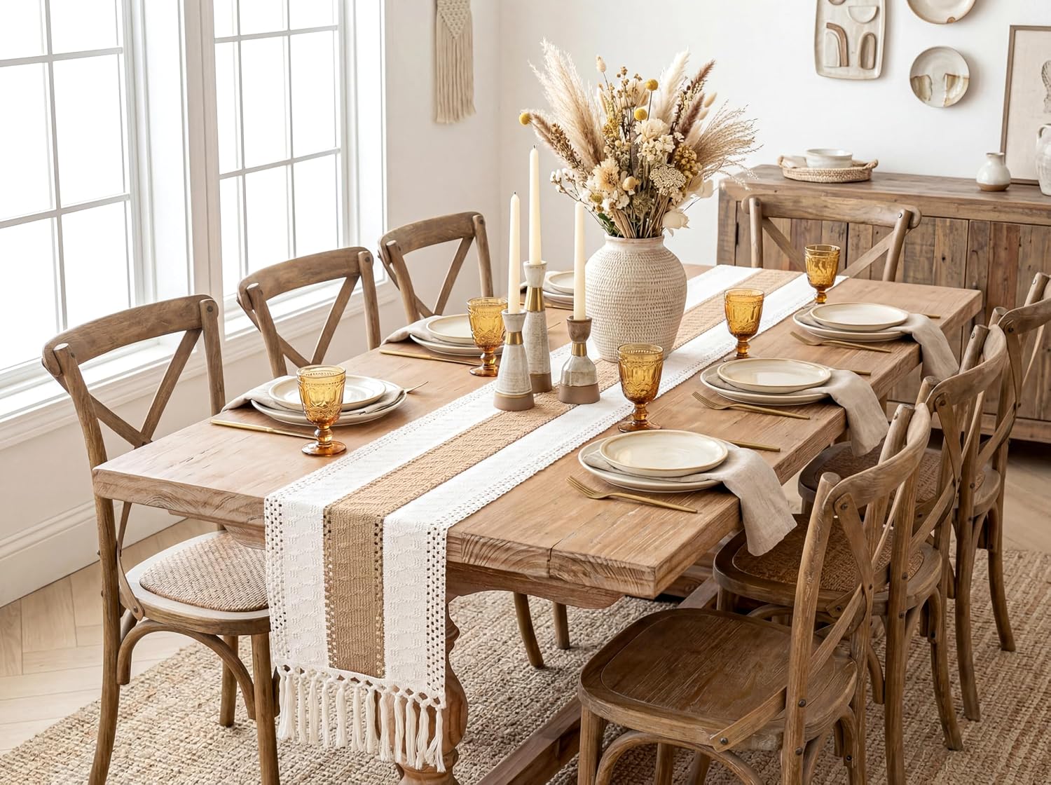 FEXIA Boho Table Runner for Home Decor with Tassels 72 Inches Farmhouse Long Pottery Barn Furniture Rustic Macrame Burlap Table Decoration for Living Room Bridal Shower (12x72 Inches) - Image 8