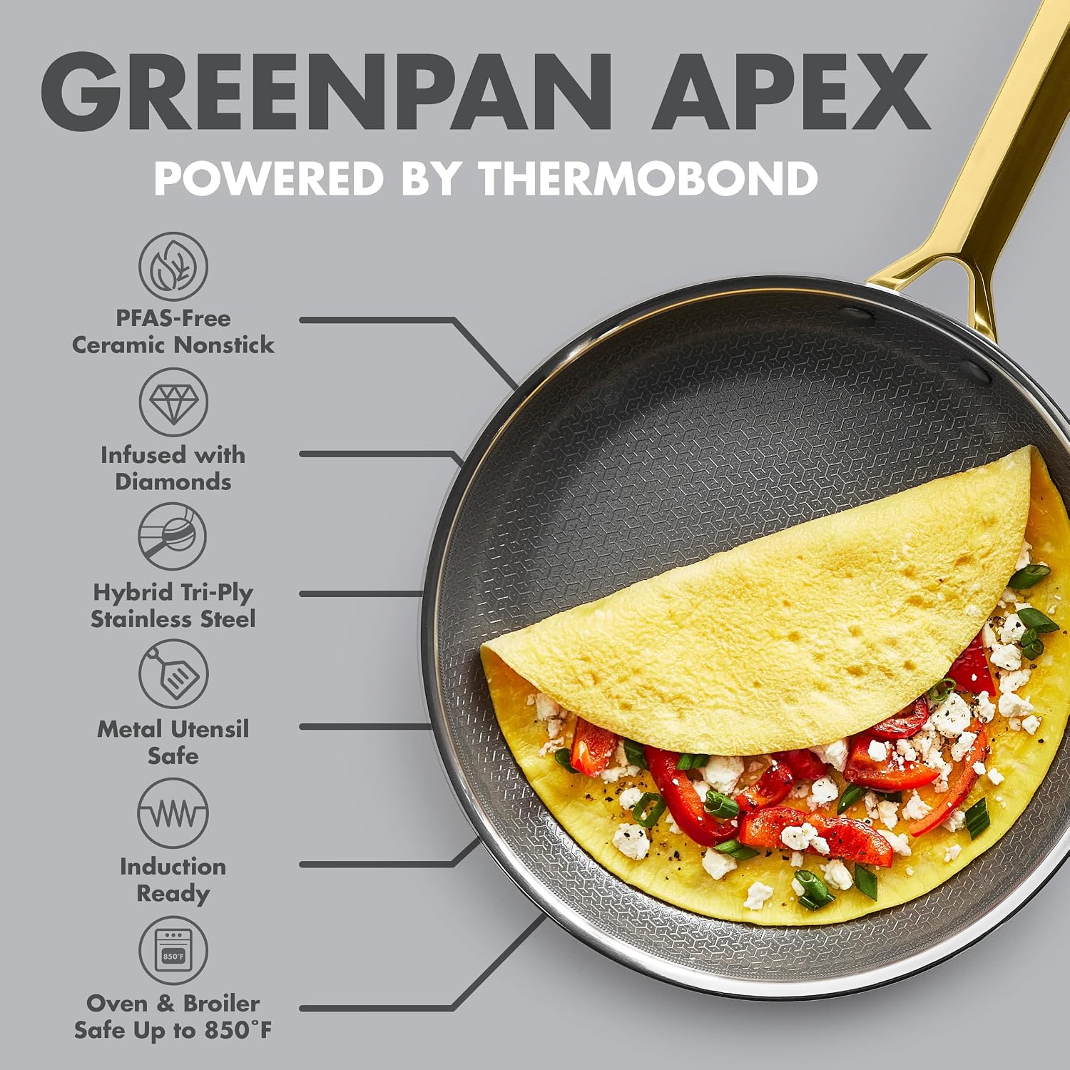 GreenPan Hybrid 9.5” & 11” Nonstick Stainless Steel Frying Pan Set, APEX Tri-Ply Thermobond PFAS-Free Ceramic Skillets, Induction & All Cooktop Compatible, Oven Temp to 850°F, Dishwasher Safe, Gold - Image 5