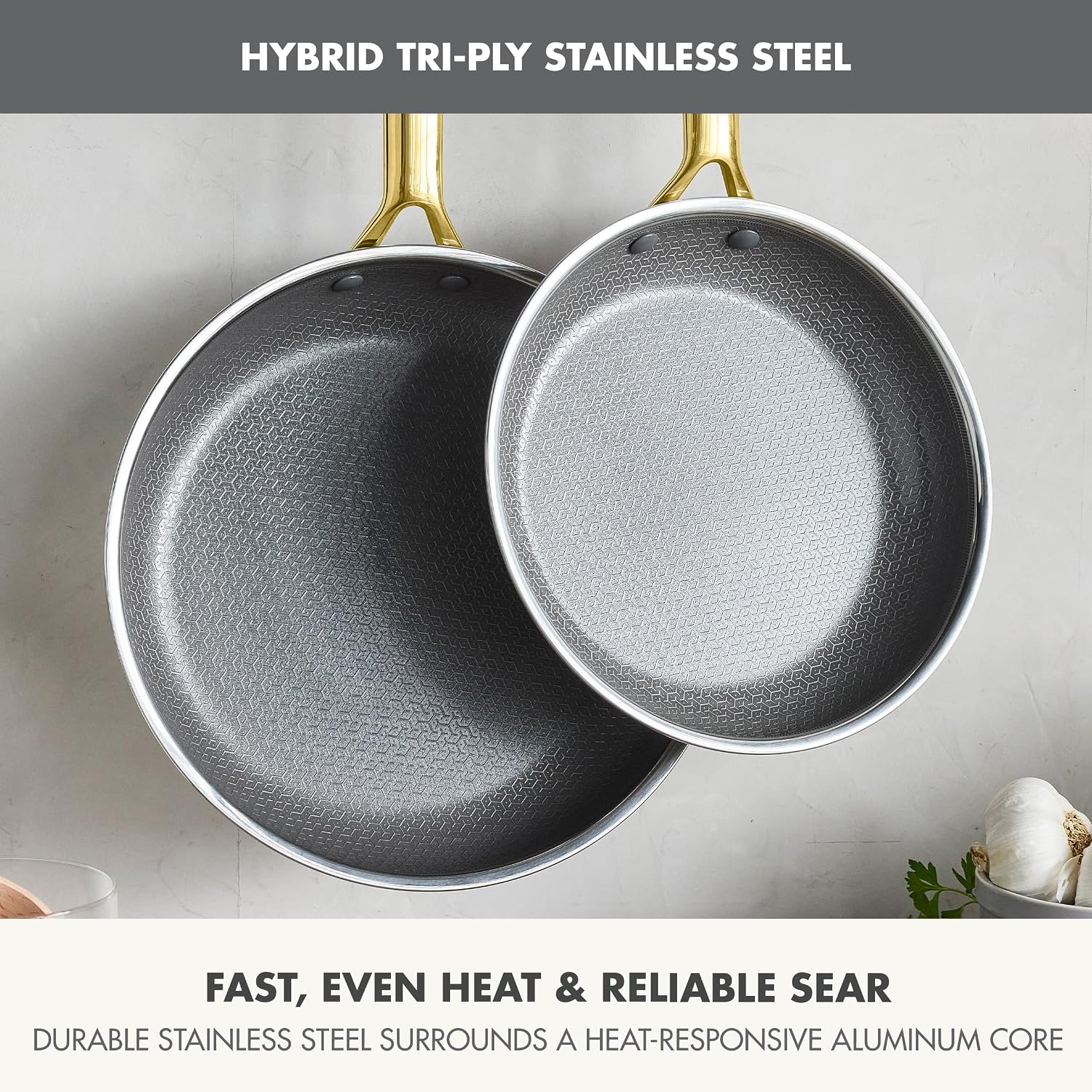 GreenPan Hybrid 9.5” & 11” Nonstick Stainless Steel Frying Pan Set, APEX Tri-Ply Thermobond PFAS-Free Ceramic Skillets, Induction & All Cooktop Compatible, Oven Temp to 850°F, Dishwasher Safe, Gold - Image 3
