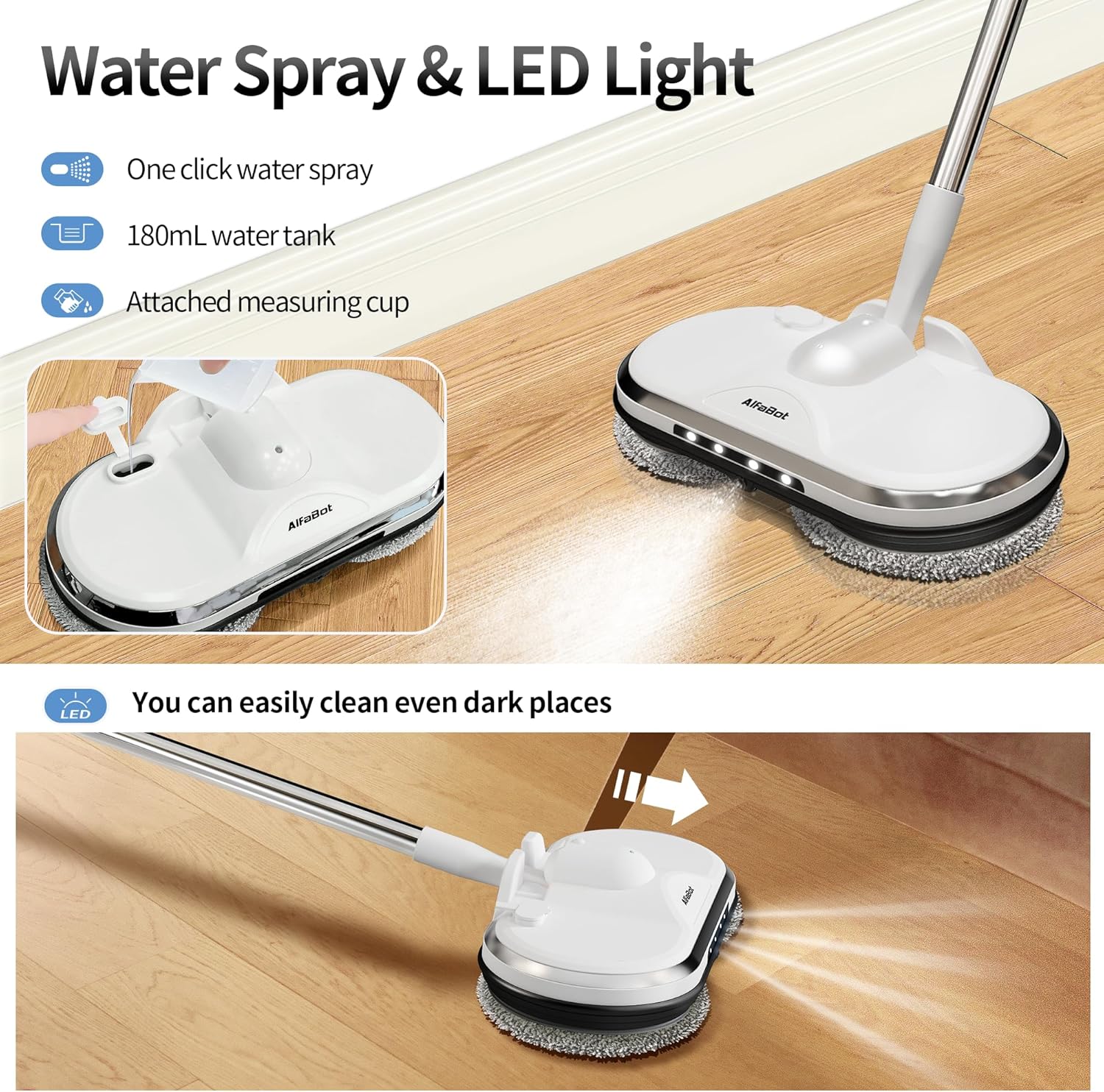 Cordless Electric Mop, WS24 Cordless Spin Mop for Floor Cleaning, Lightweight & Rechargeable Floor Cleaner with Water Sprayer and LED Headlight for Hardwood and Tile Floors, White - Image 3