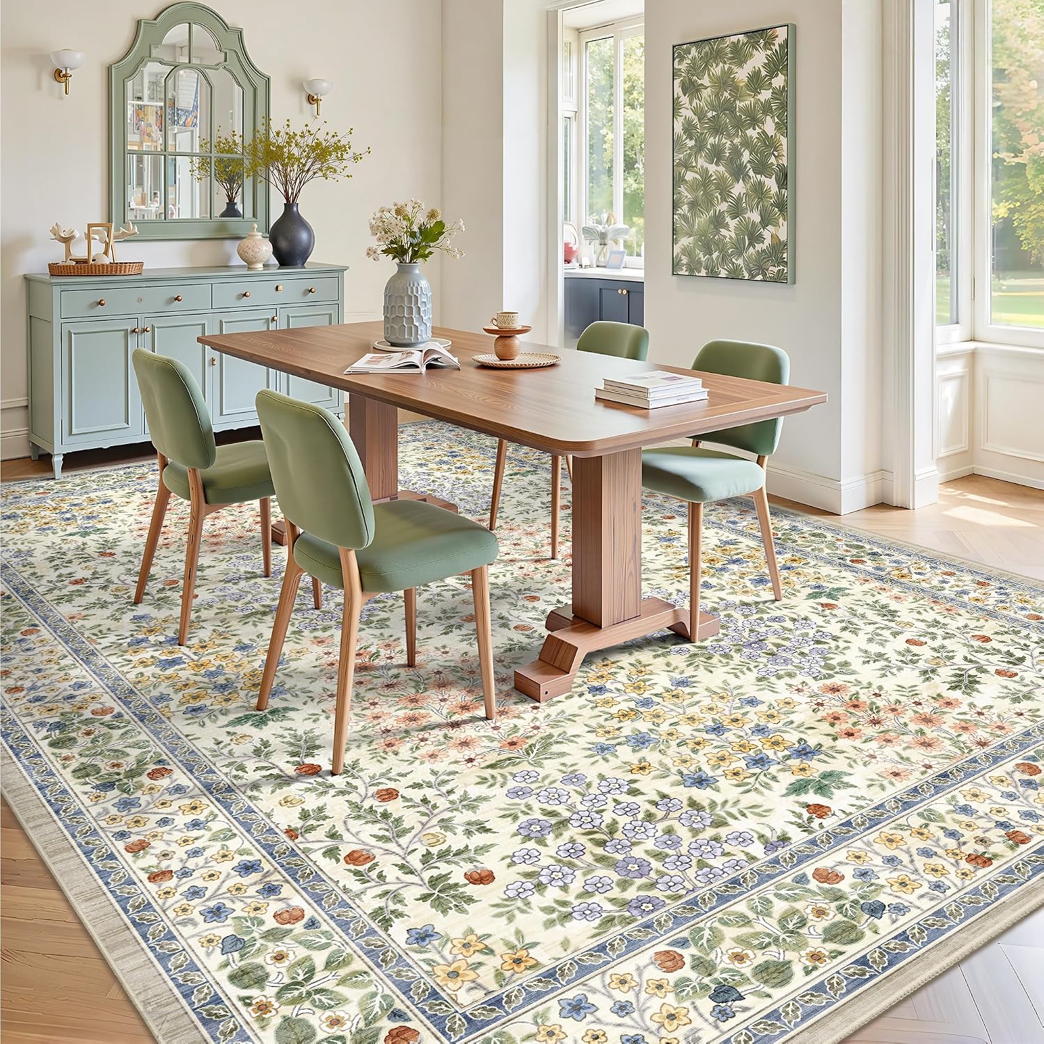 8x10 Area Rugs, Machine Washable Low Pile Floral Rugs for Living Room, Bedroom, Large Boho Area Rug with Non-Slip Backing for Dining Room(Beige Floral) - Image 4