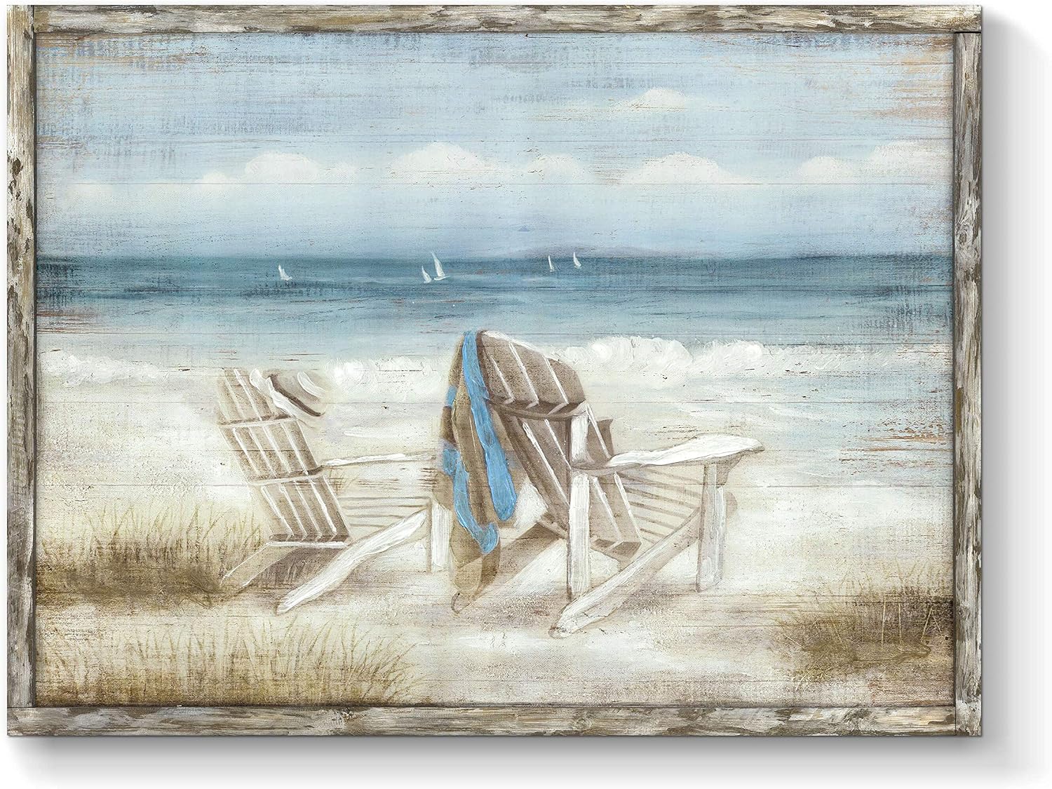 Abstract Seascape Framed Wall Art: Beach Chair on Sand Hand Painted Painting Print for Bedroom (24" W x 18" H, Multiple Sizes/Material)