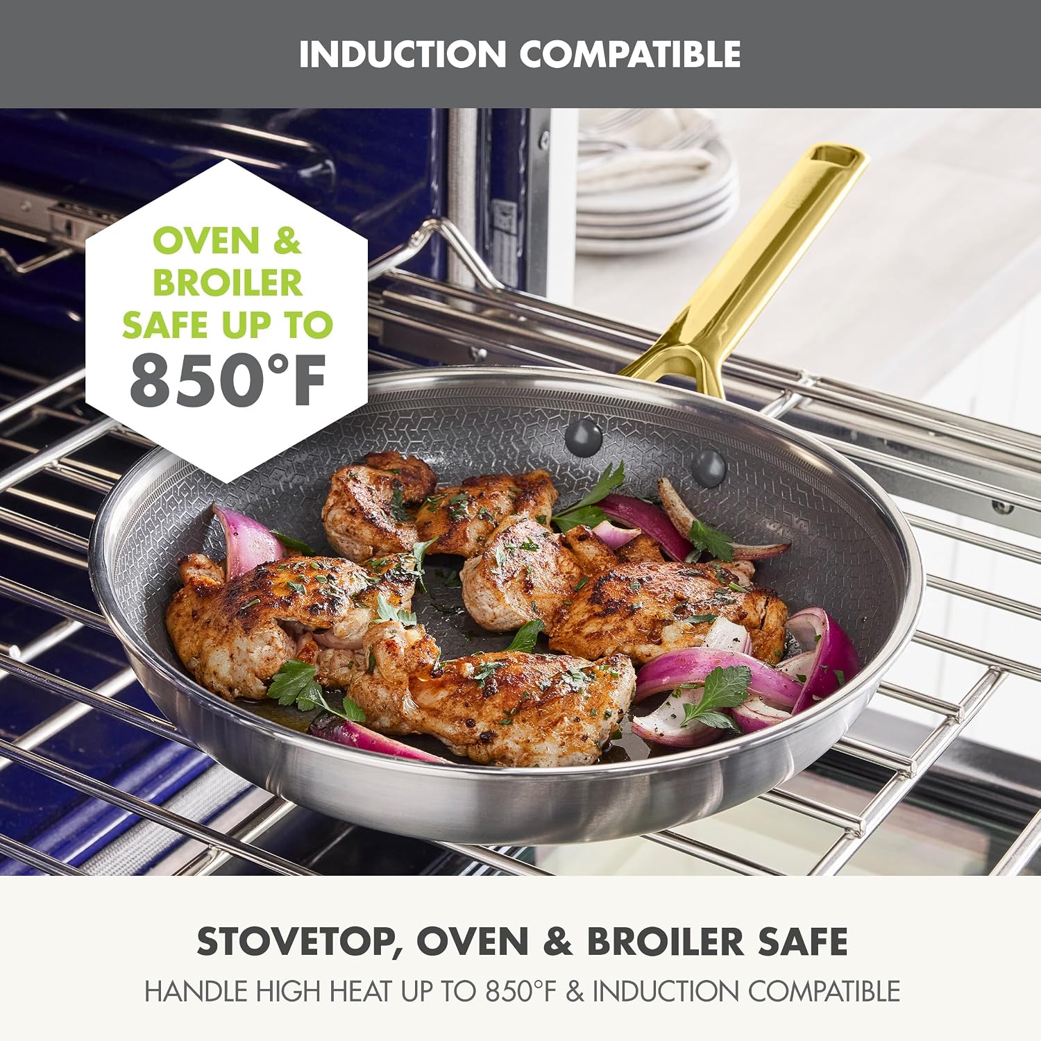 GreenPan Hybrid 9.5” & 11” Nonstick Stainless Steel Frying Pan Set, APEX Tri-Ply Thermobond PFAS-Free Ceramic Skillets, Induction & All Cooktop Compatible, Oven Temp to 850°F, Dishwasher Safe, Gold - Image 6