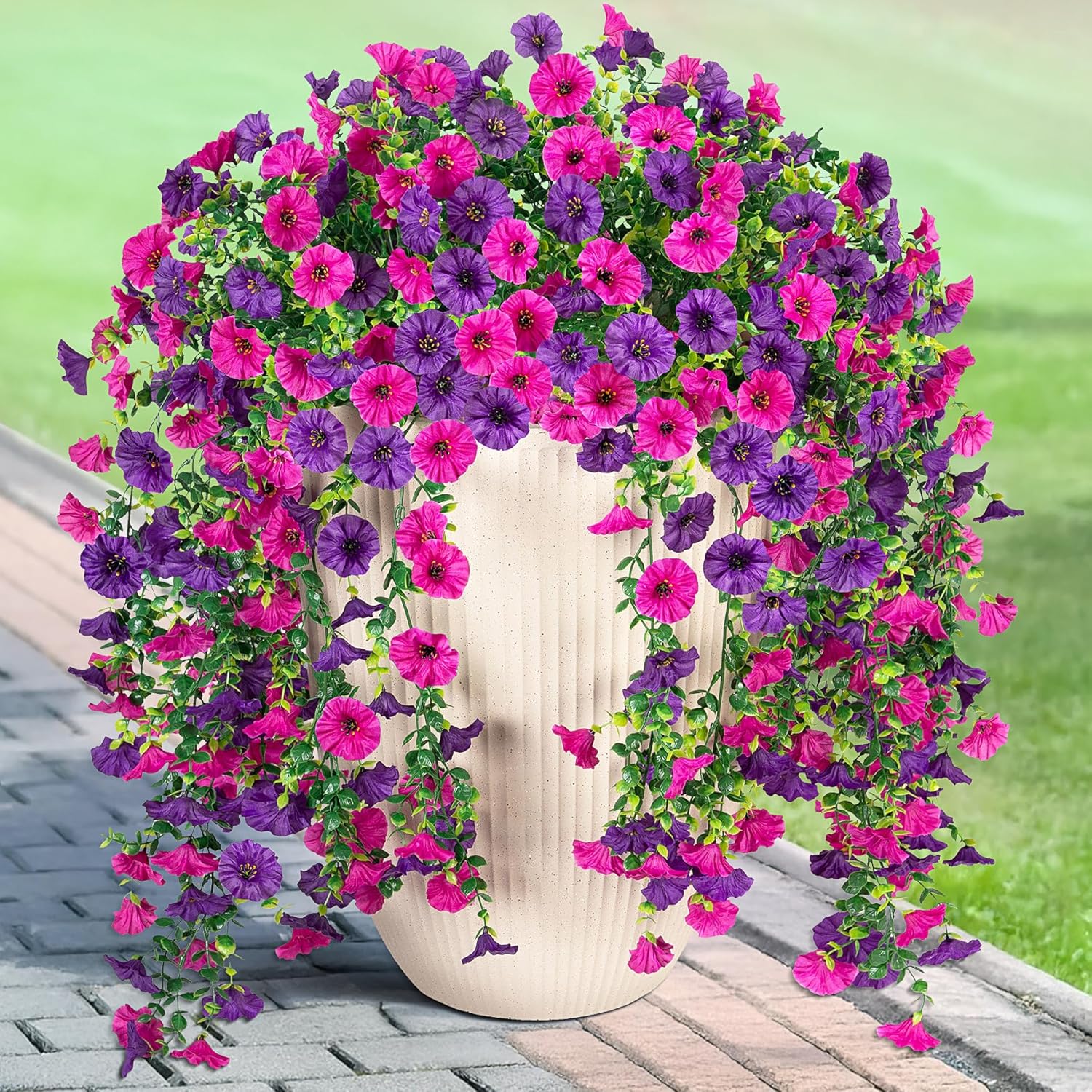 Artificial Hanging Petunias Flowers for Outdoor, 2pcs Fake Plants Long Vine Morning Glory Eucalyptus, UV Resistant Realistic Faux Greenery Indoor Outside Patio Porch Garden Spring Summer Decor, Purple