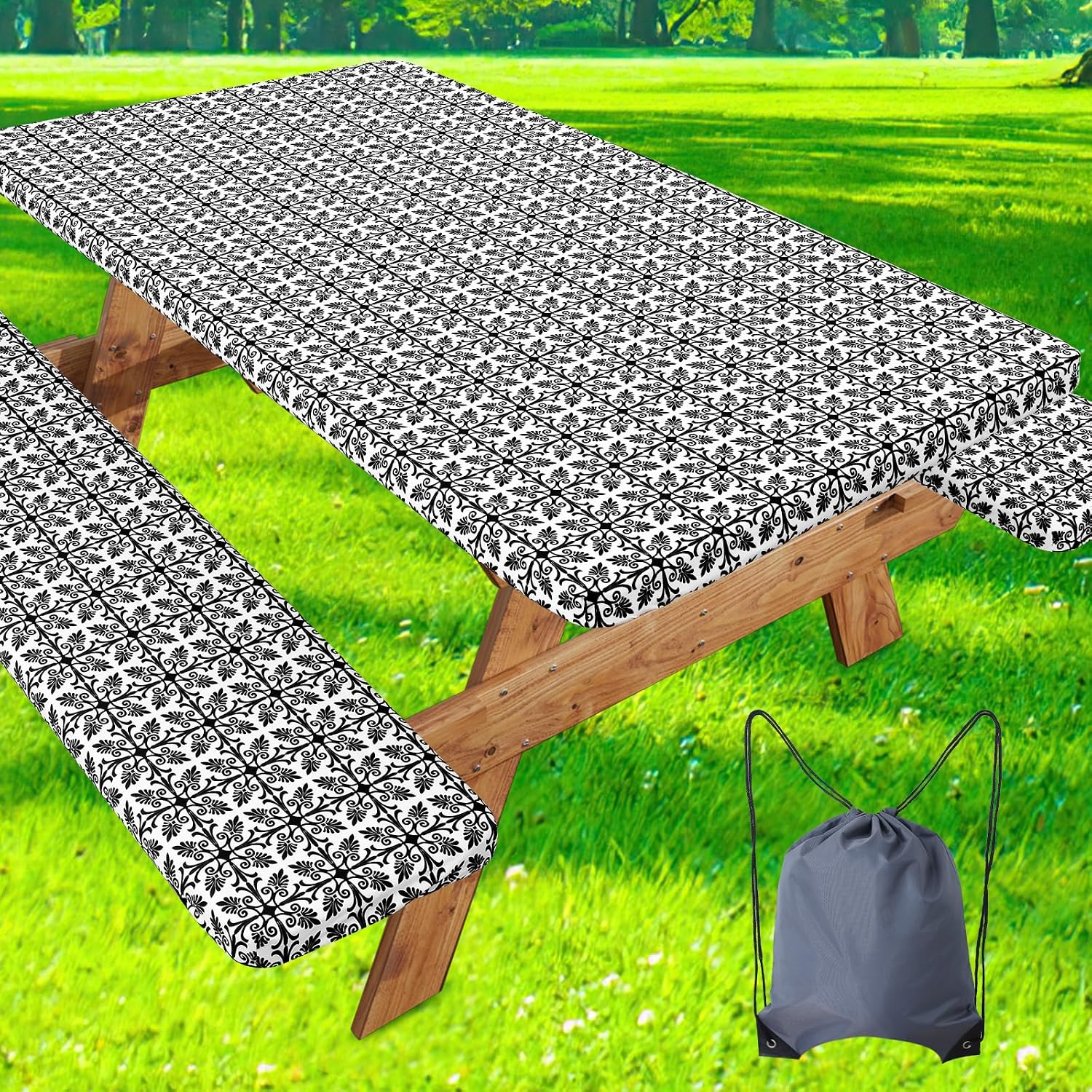 misaya Picnic Table Cover with Bench Cover, Waterproof Elastic Fitted Tablecloth for 6 Foot Tables, Rectangle Washable Polyester Tablecloths for Picnic, Camping, Outdoor (Black, 30" x 72")