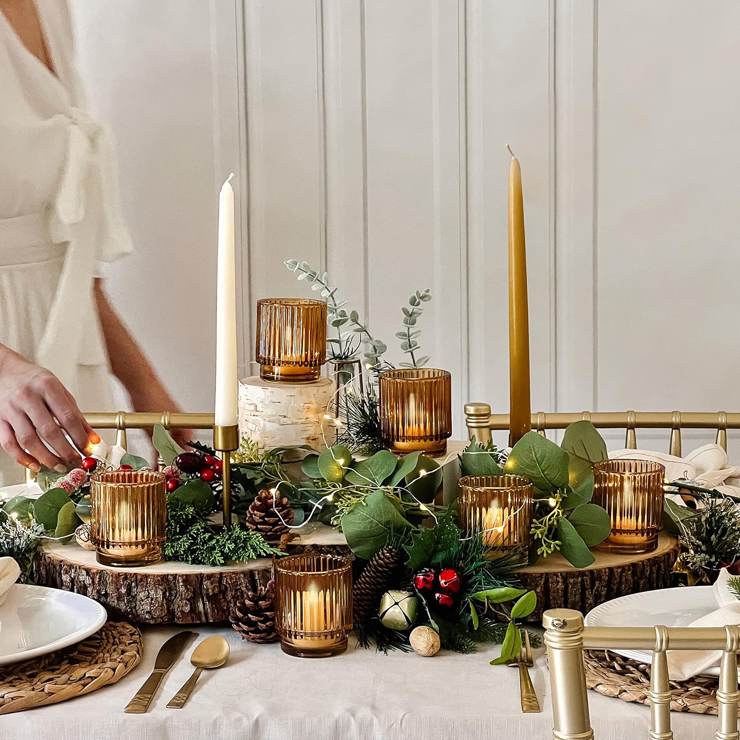 Kate Aspen Vintage Glass Tealight & Amber Votive Candle Holders (Set of 6) Rustic Fluted Candle Holder Set, Boho Home Decor, Wedding Table Centerpieces, Farmhouse Kitchen Table Decor - Image 3