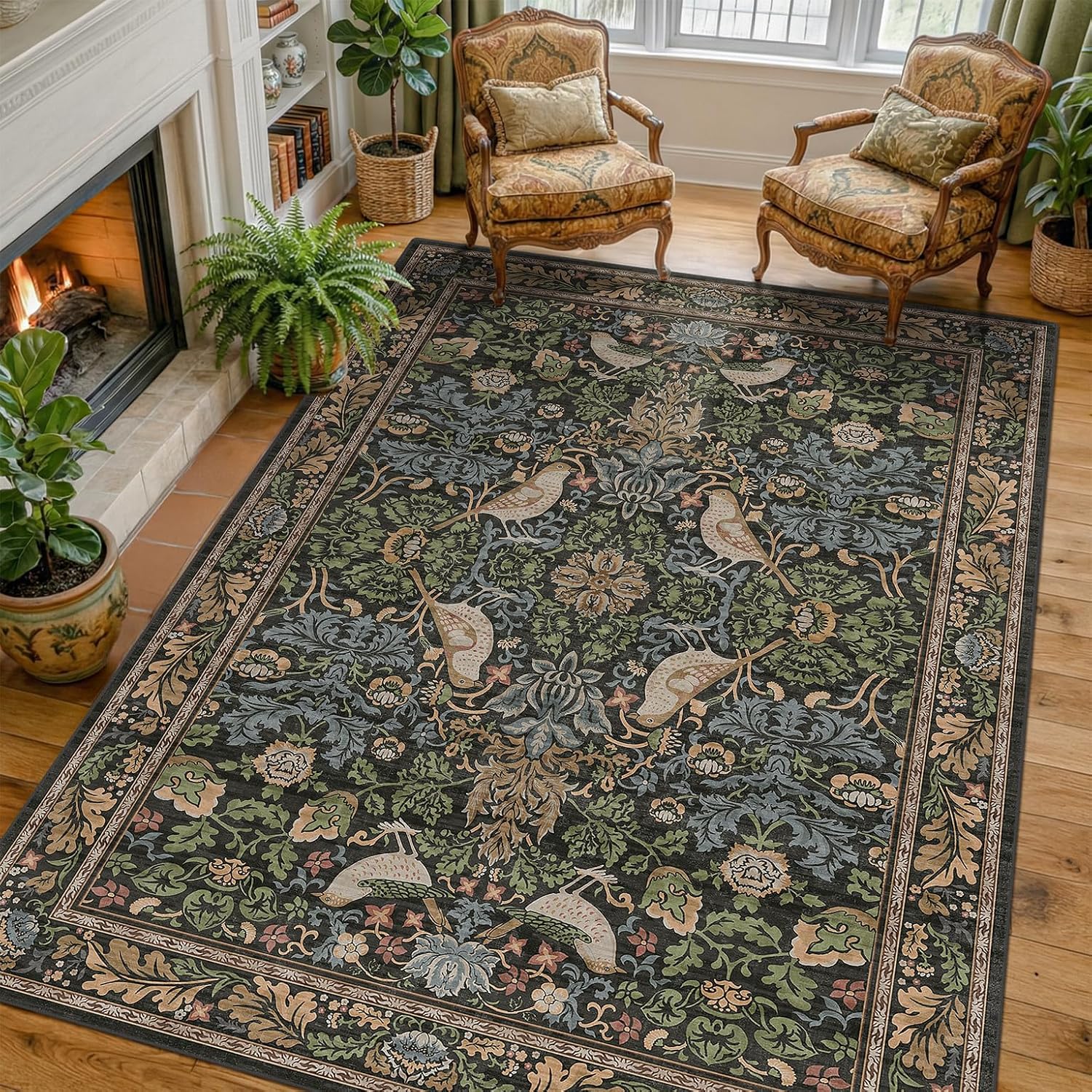 Hazo Haus Vintage Floral Area Rug 5x7 for Living Room - Dark Green Forest Bird Rugs for Bedroom, Dining Room, Office, Non Slip Stain Resistant Low Pile - Image 3