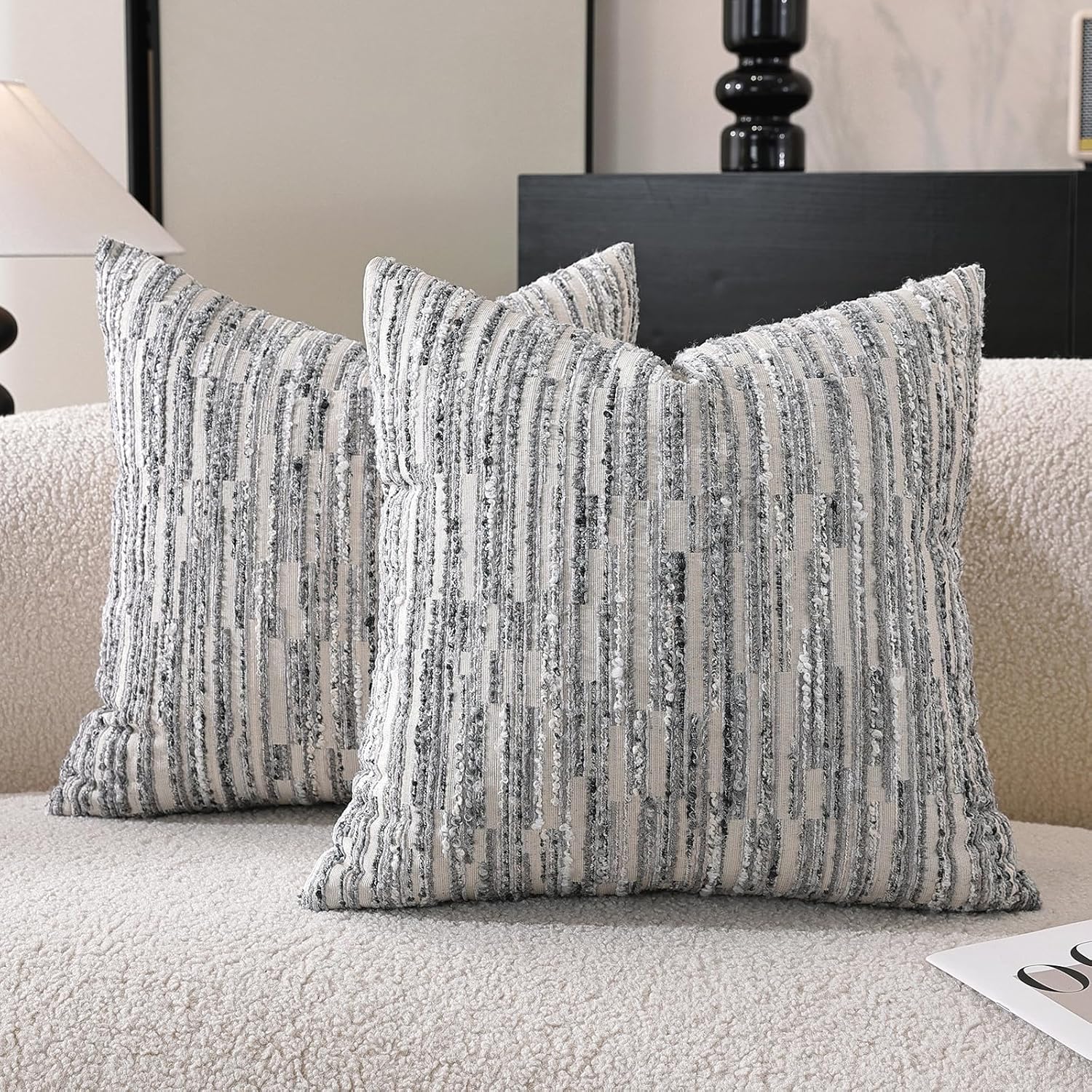 Striped Throw Pillow Covers 18x18 Set of 2 Gray Textured Boucle Chic Morden Boho Accent Farmhouse Decorative Chenille Pillow Covers for Home Decor Bed Sofa Living Room