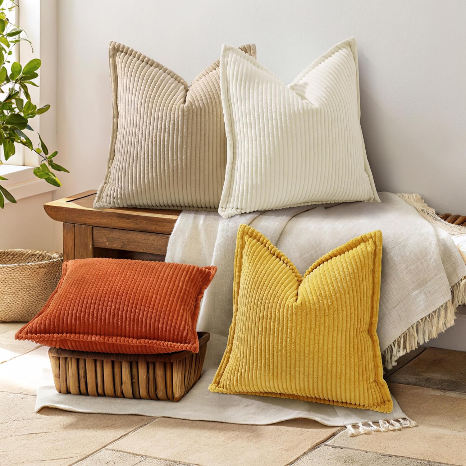 decorUhome Fall Corduroy Cream White Throw Pillow Covers 18x18 Set of 2 Decorative Soft Boho Farmhouse Couch Pillow Covers for Living Room Bed Sofa Broadside Striped Pillow Cases - Image 4